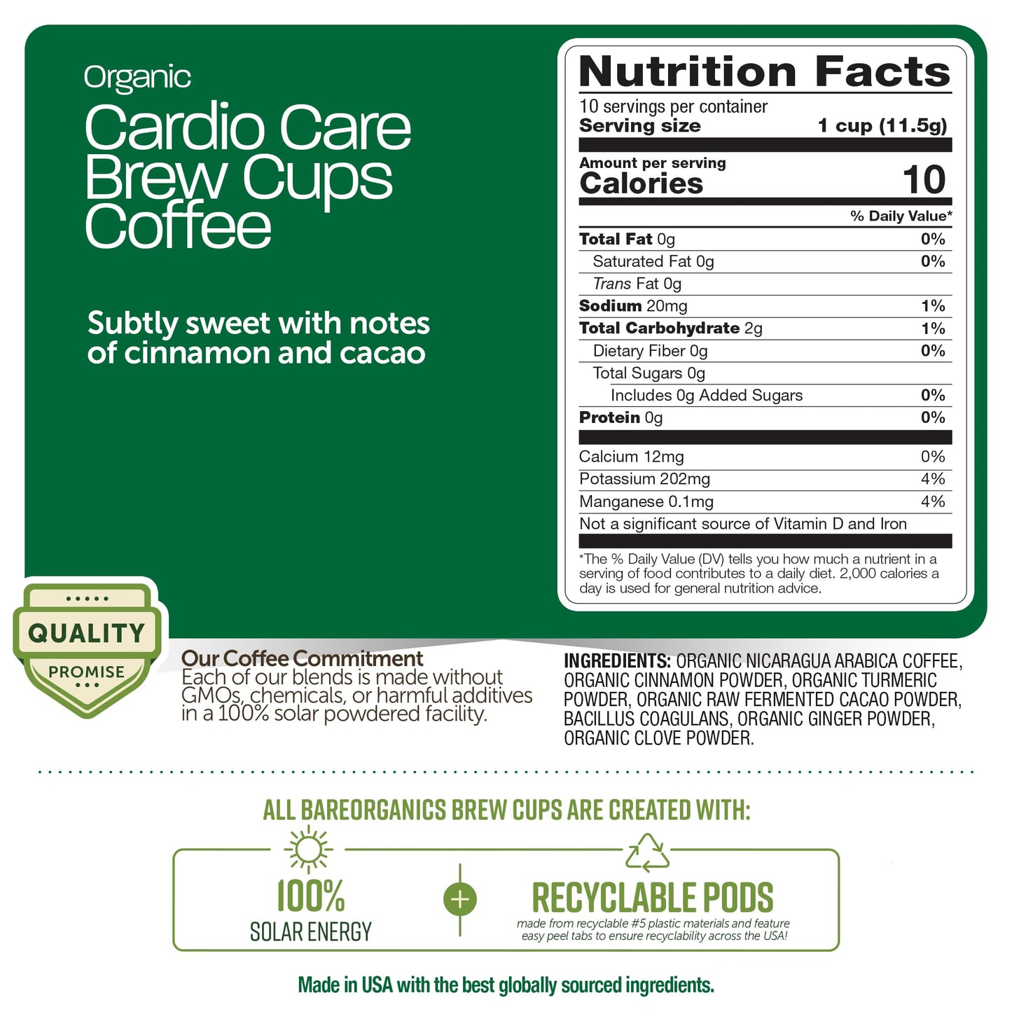 Cardio Care Organic Coffee Pods - Probiotic Coffee with Cacao, Ginger, Turmeric & Cinnamon - Healthy Superfood, Mold Free, Vegan, Gluten Free