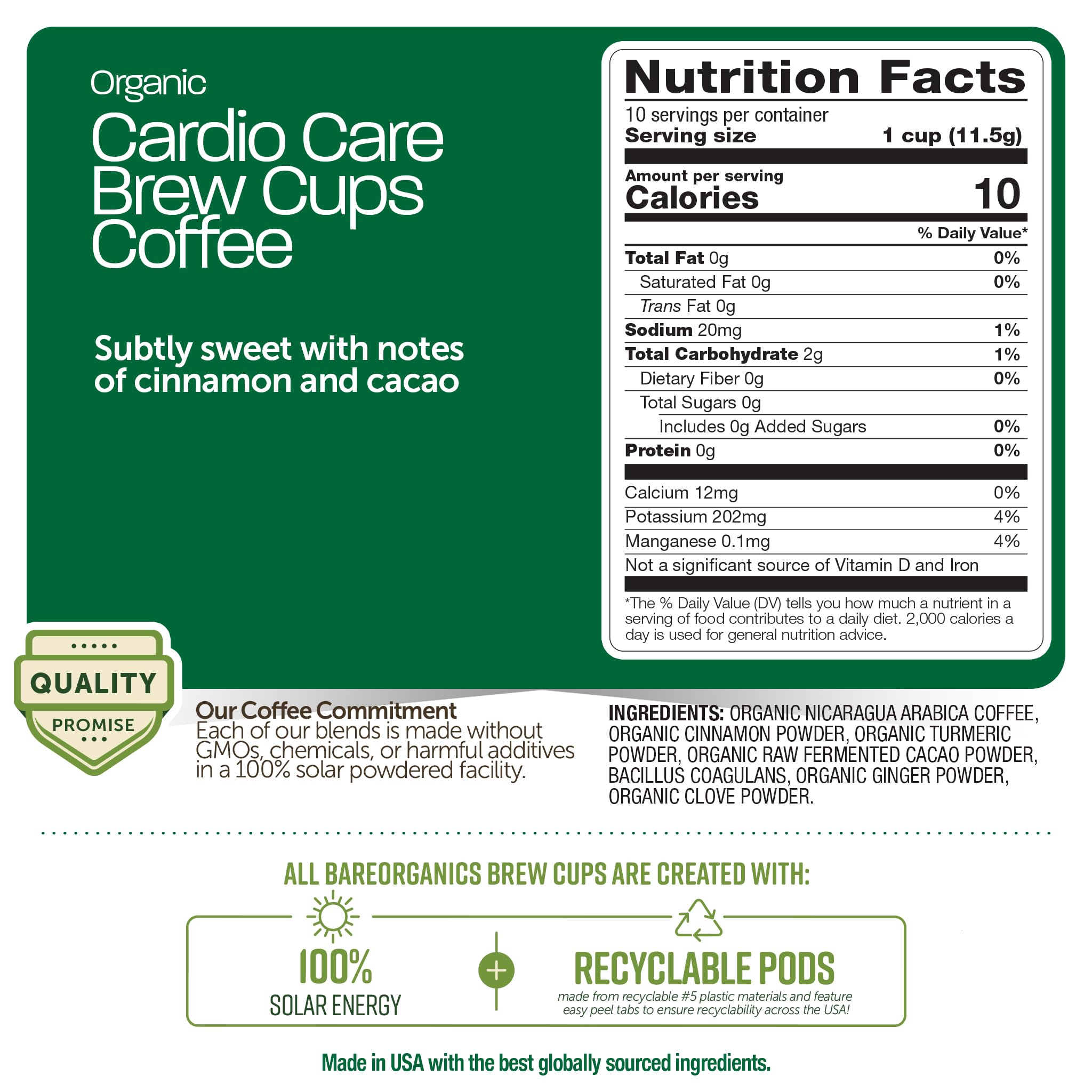 Cardio Care Organic Coffee Pods - Probiotic Coffee with Cacao, Ginger, Turmeric & Cinnamon - Healthy Superfood, Mold Free, Vegan, Gluten Free