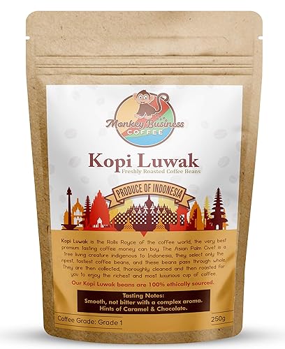 Monkey Business Coffee - Wild Kopi Luwak Coffee Whole Beans - Ethically Sourced - 250 Grams (8.8oz) (Other Weights & Bean Types Available) - Produce