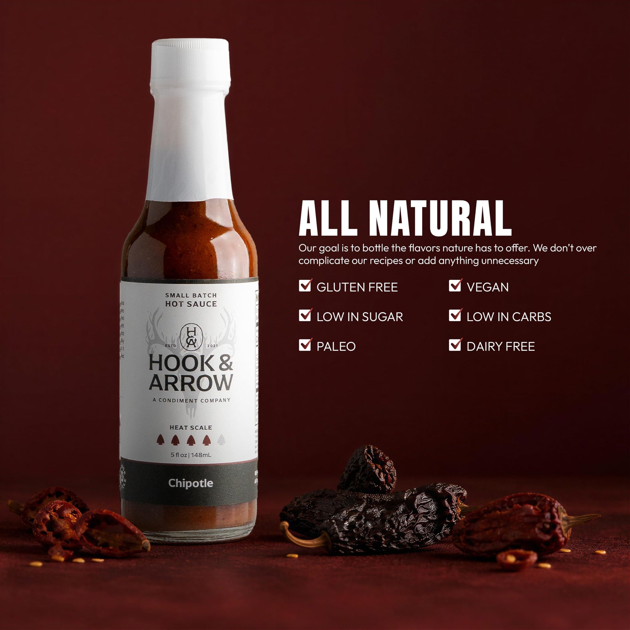 Hook & Arrow Chipotle Ghost Pepper Hot Sauce - Smoky Spicy Hot Pepper Sauce - Gluten-Free, Vegan, Paleo, Low Carb (5 fl oz, 30 servings)