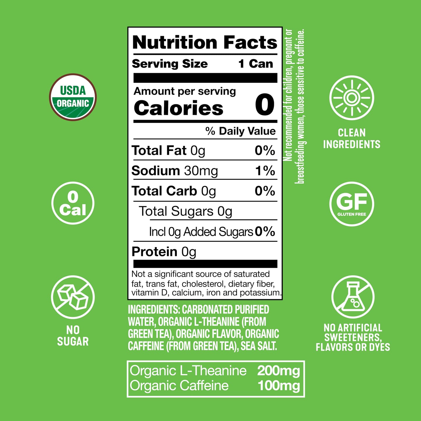 ARDOR Sparkling Water with 100mg Natural Caffeine & 200mg L-Theanine from Organic Green Tea for Smooth Energy & Focus | No Sugar, 0 Calories | Vegan