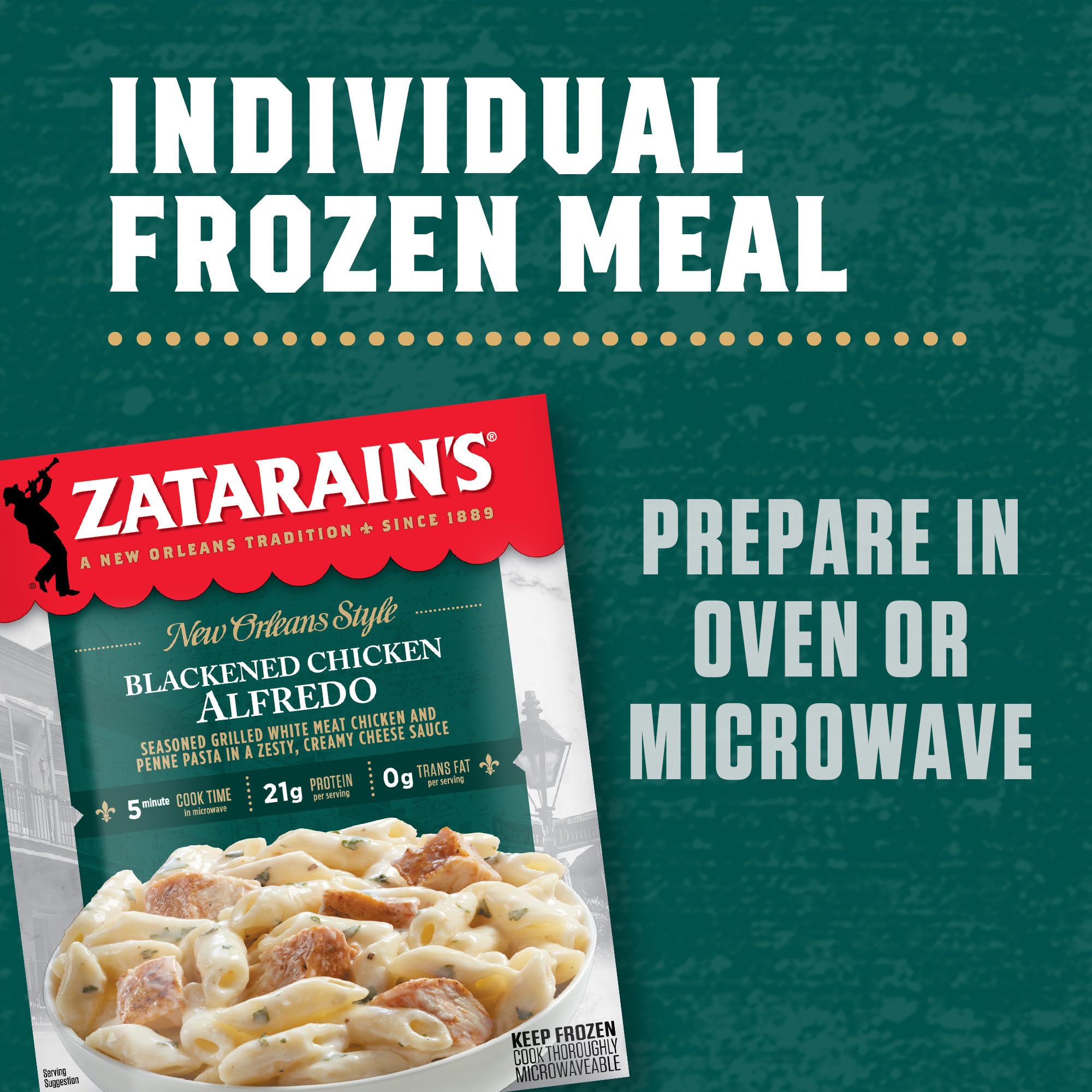 Zatarain’s Blackened Chicken Alfredo Frozen Dinner, Grilled, Blackened Chicken & Penne Pasta in a Zesty, Creamy Sauce, Microwave in 5 Minutes