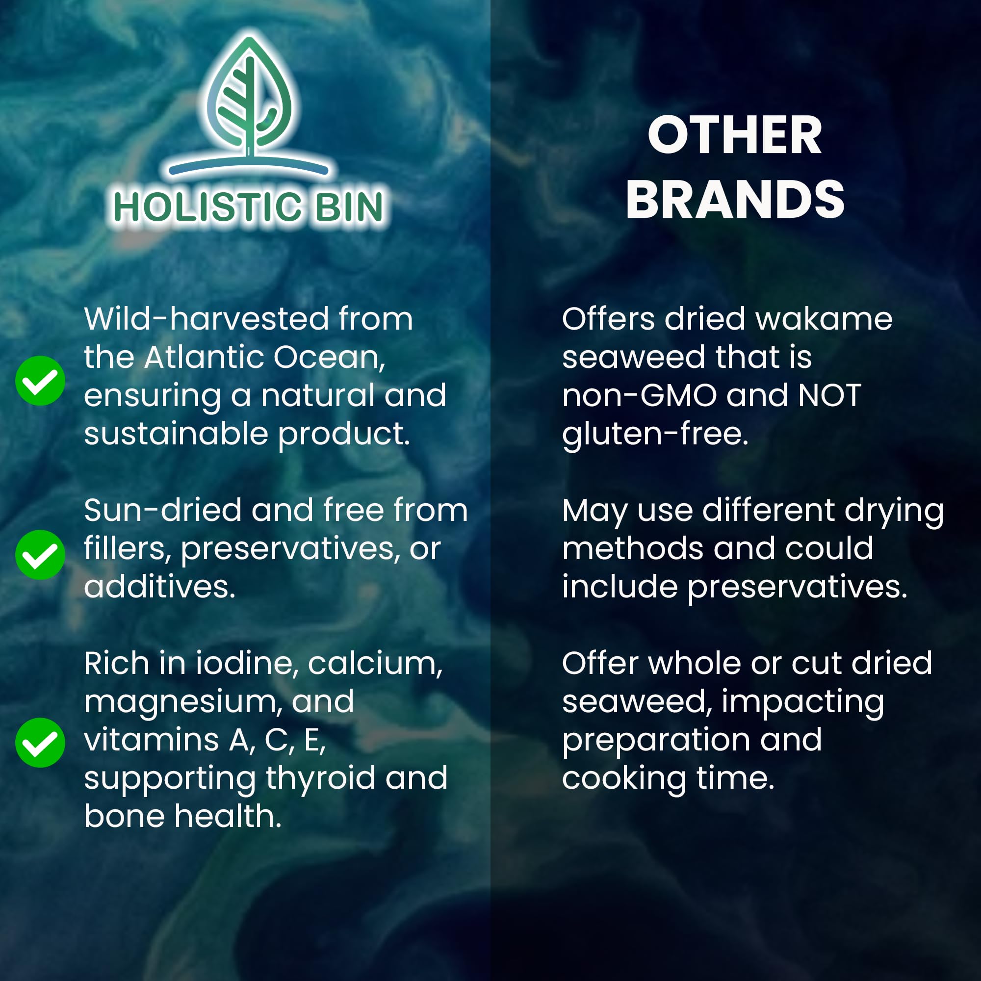 Holistic Bin Wakame Seaweed Flakes | Wild-Caught Atlantic Wakame for Miso Soup, Ramen, Salad Mix Recipes, & Healthy Snacks | Dried Seaweed/Nori