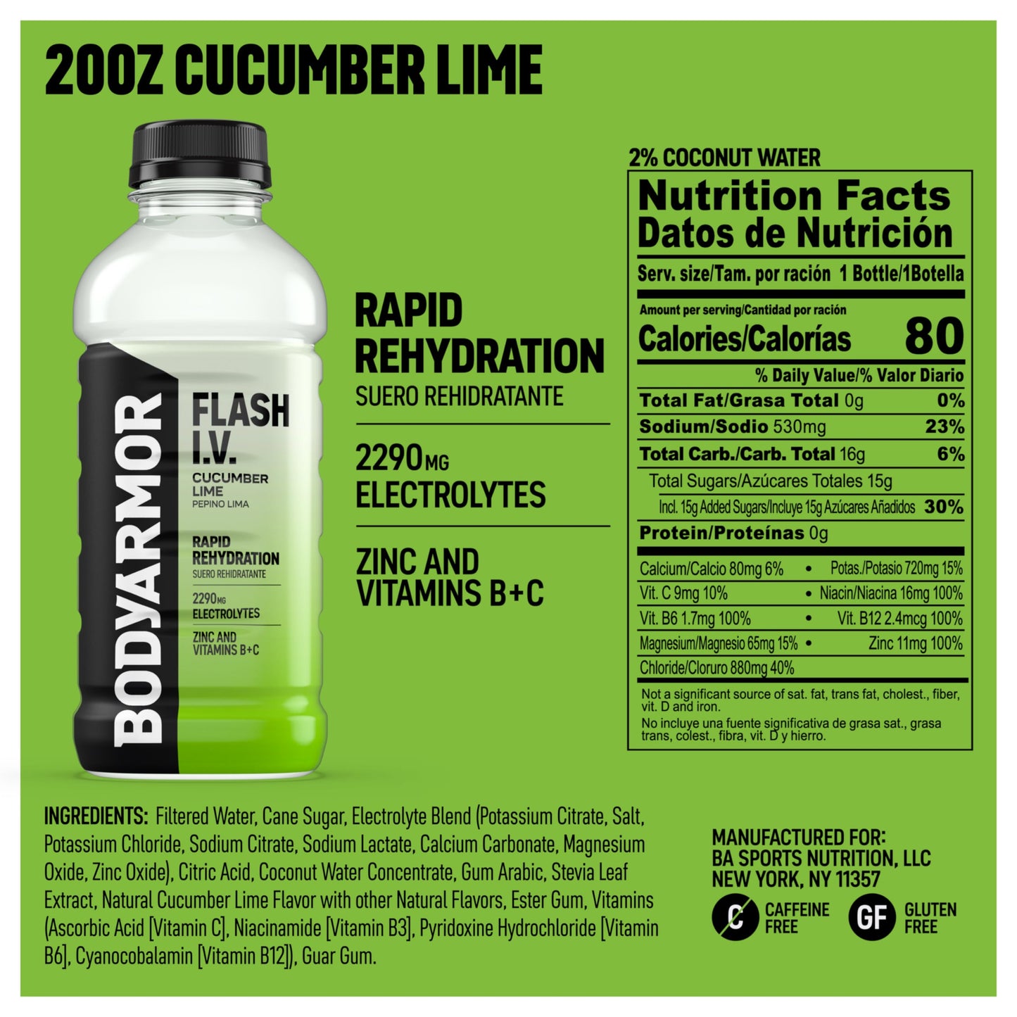 BODYARMOR Flash I.V. Electrolyte Beverage, Cucumber Lime, Hydration Drink with Coconut Water For Rapid Rehydration, Post Workout Recovery, 20 Fl Oz