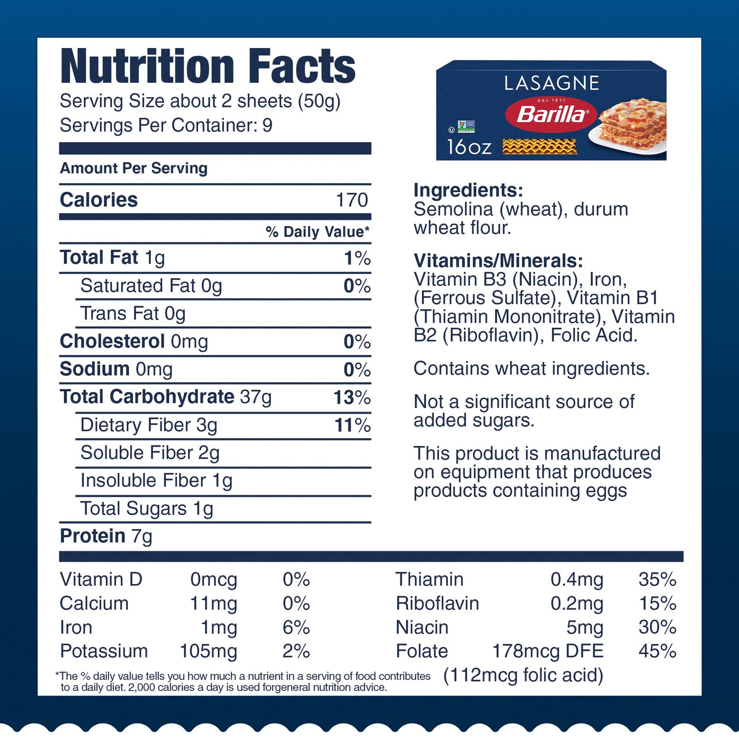 Barilla Wavy Lasagne Pasta, 16 oz. Box - Non-GMO, Made with Durum Wheat Semolina - Kosher Certified