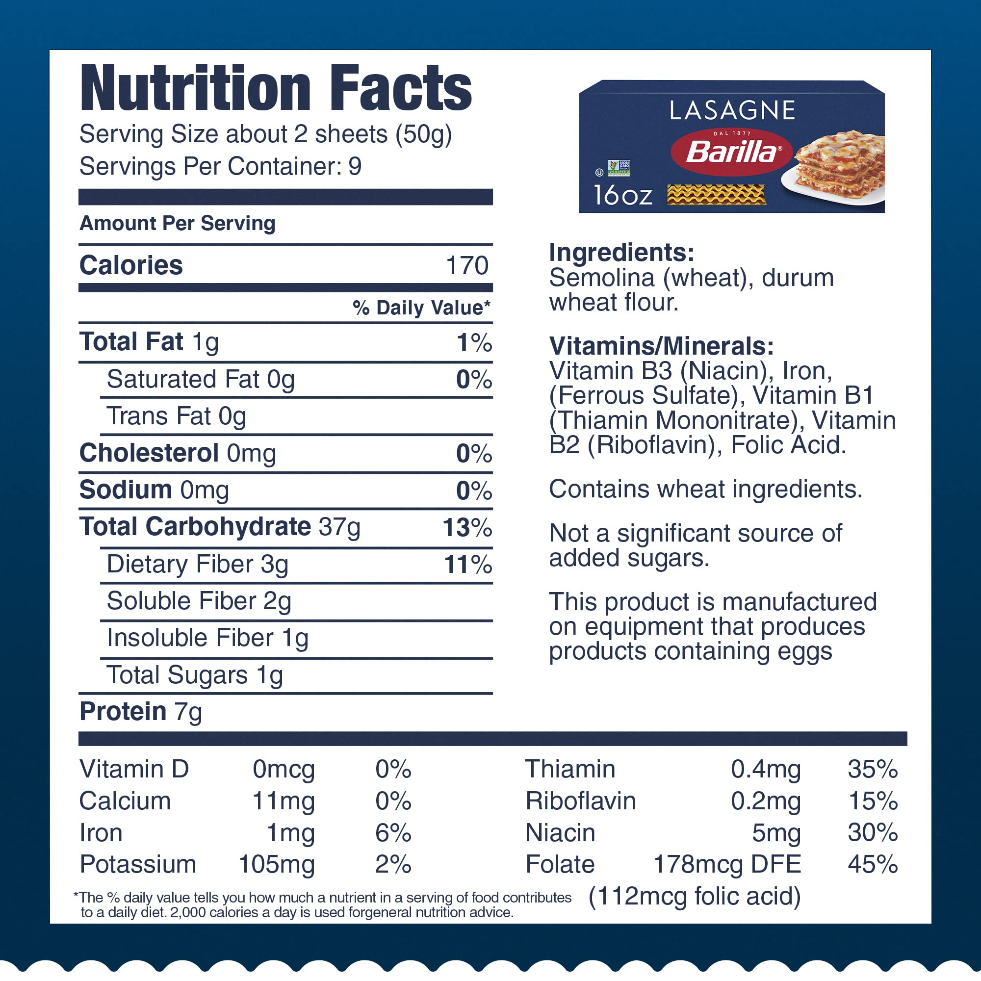 Barilla Wavy Lasagne Pasta, 16 oz. Box - Non-GMO, Made with Durum Wheat Semolina - Kosher Certified