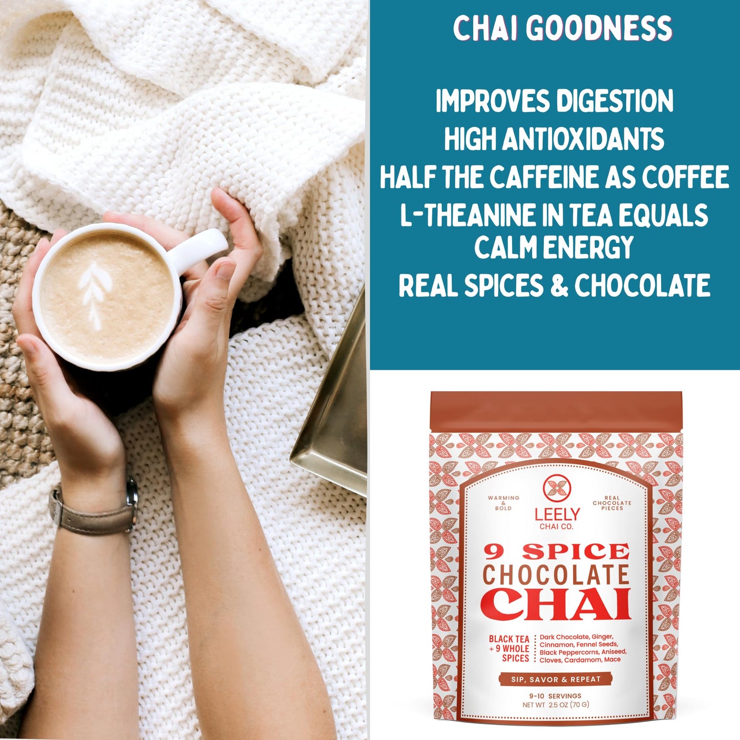 Leely Chai Co. Chocolate Masala Chai Loose Leaf. Real chocolate pieces. Small Batch, Black Tea & Whole Spices, Authentic Brew or Steep, 5OZ, 20 Cups