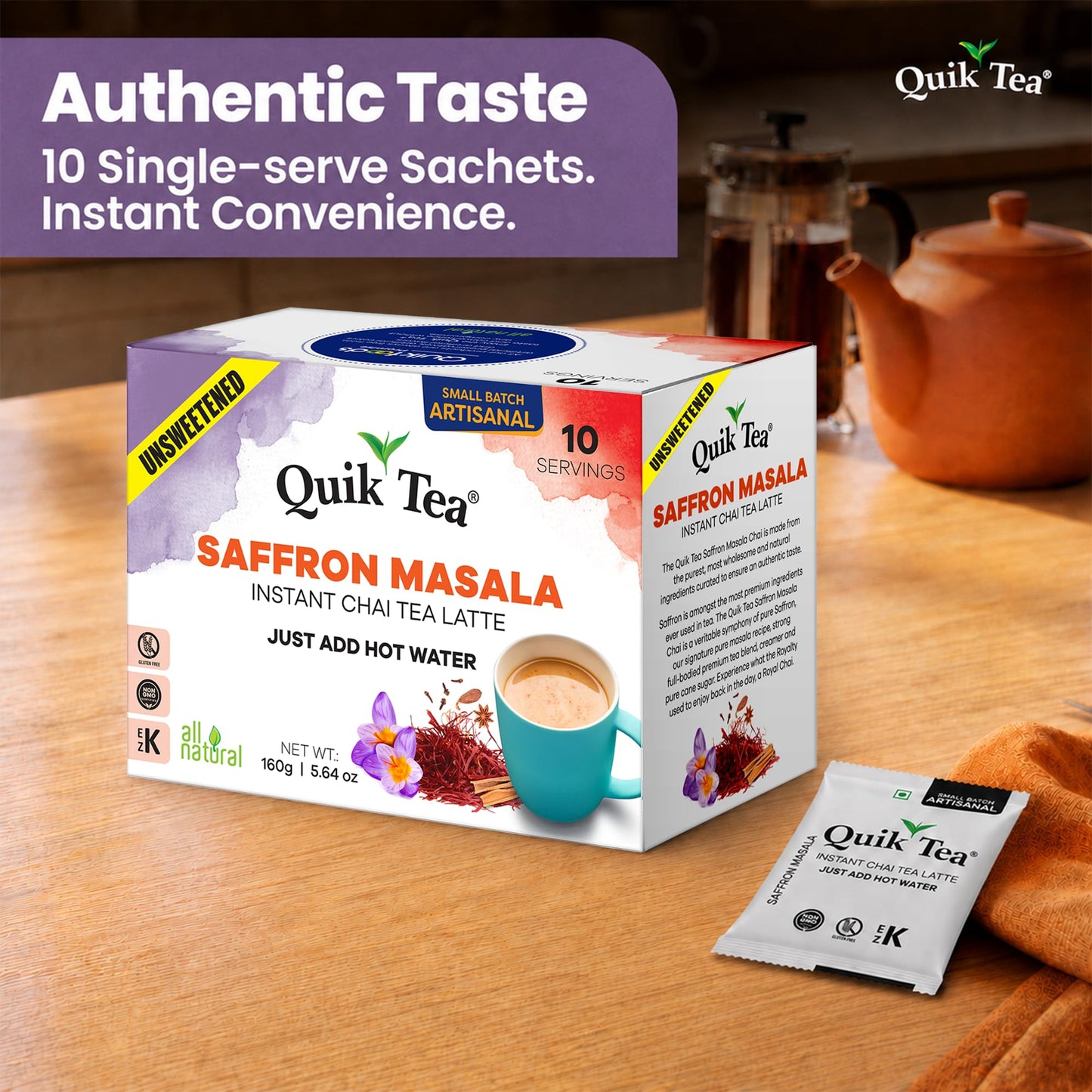 QuikTea Instant Saffron Masala Chai Tea Latte Unsweetened, 10 Single-Serve Sachets, Artisanal Indian Chai Latte Mix, Just Add Hot Water, Low Caffeine