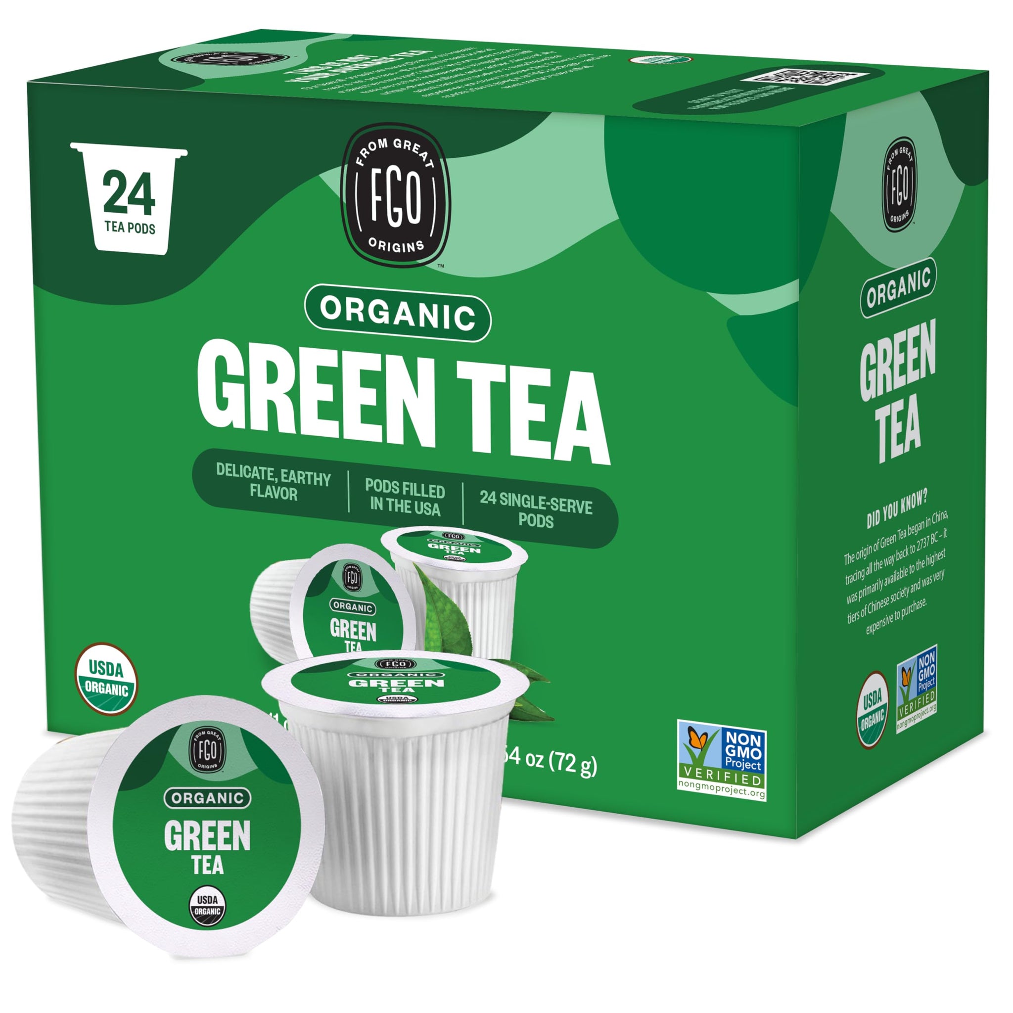 FGO Organic Green Tea K-Cup Pods for Keurig, 24 Count (Pack of 1), Premium Green Tea is USDA Organic, Non-GMO, & Recyclable with Naturally Occurring