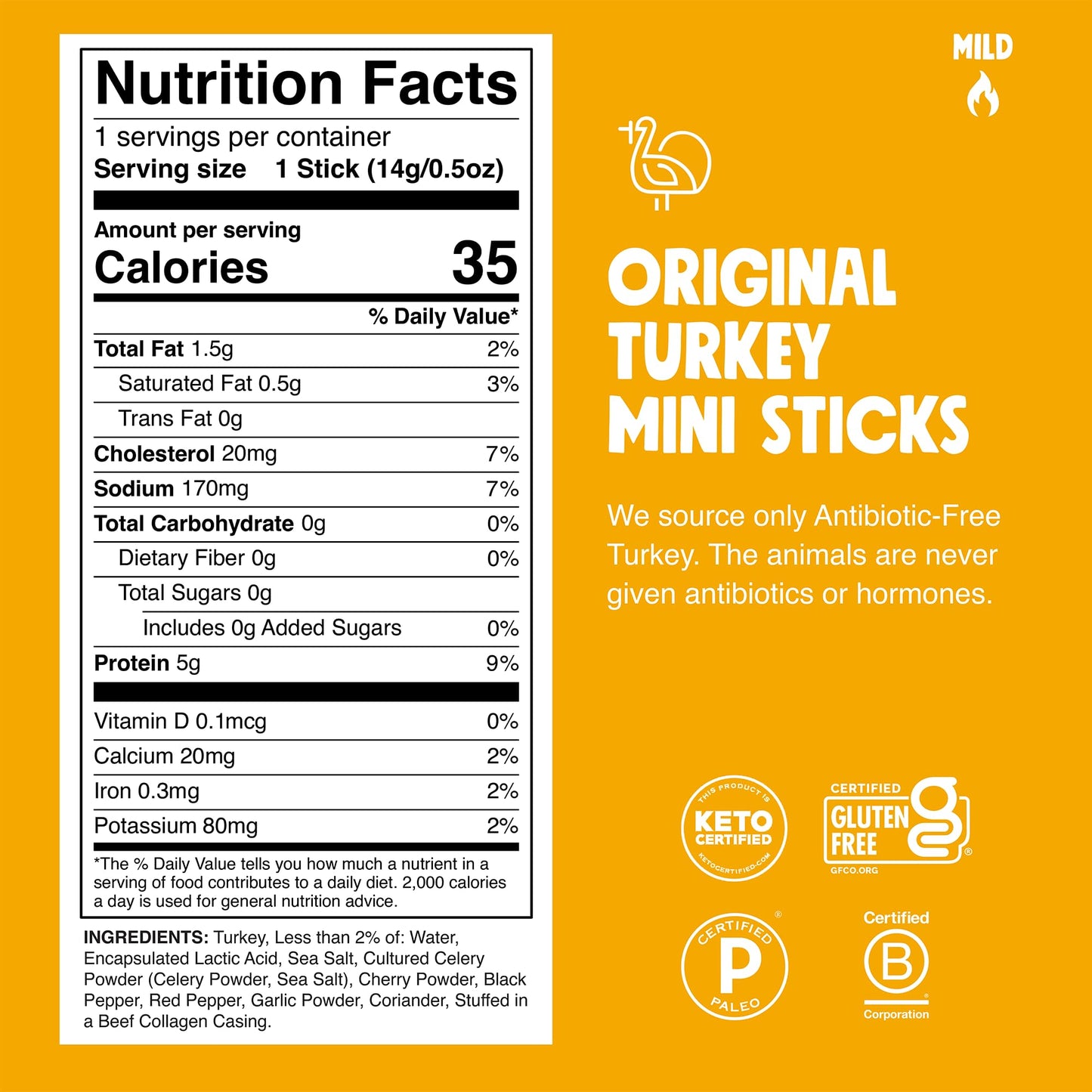 CHOMPS MINI Free Range Turkey Jerky Meat Snack Sticks, Original Turkey, 0.5 Ounce (Pack of 6)