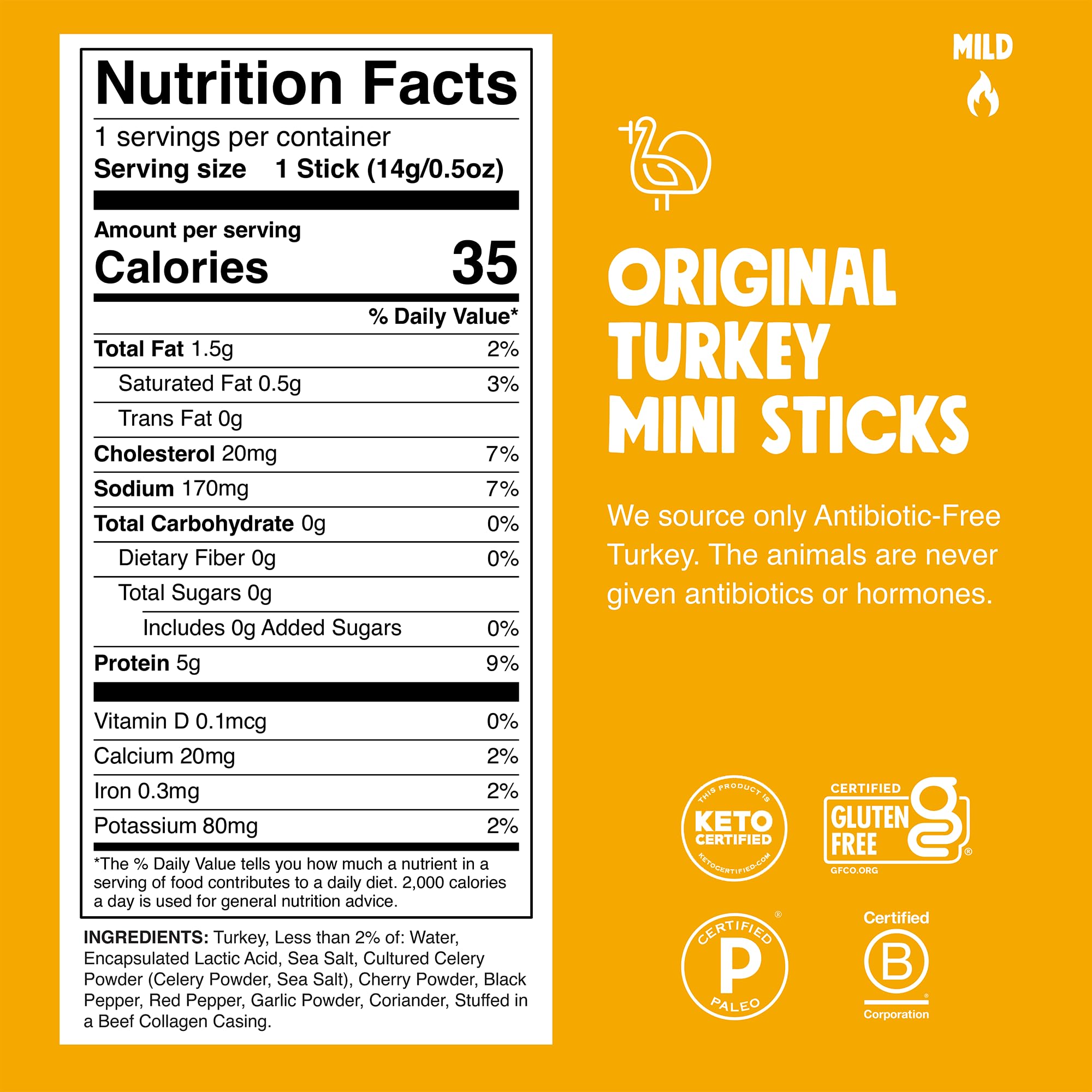CHOMPS MINI Free Range Turkey Jerky Meat Snack Sticks, Original Turkey, 0.5 Ounce (Pack of 6)
