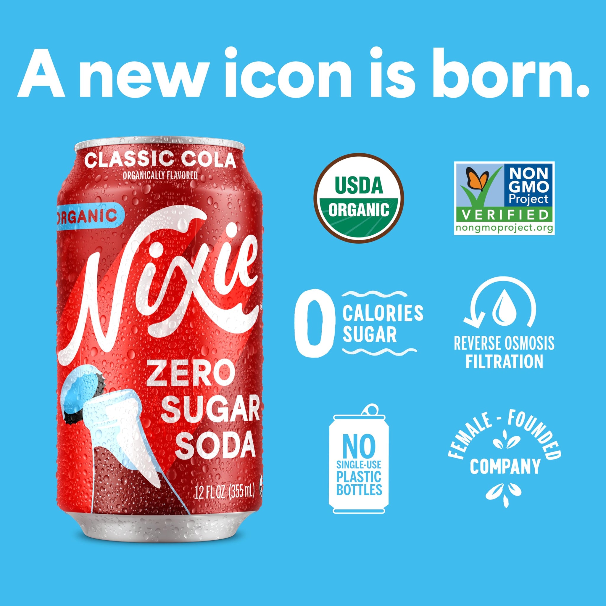 Nixie Organic Zero Sugar Soda, Classic Cola, Healthy Soda Pop, Non-GMO, 0 Sugar, 0 Calories, 40mg Caffeine, 12oz Cans (12 Pack)