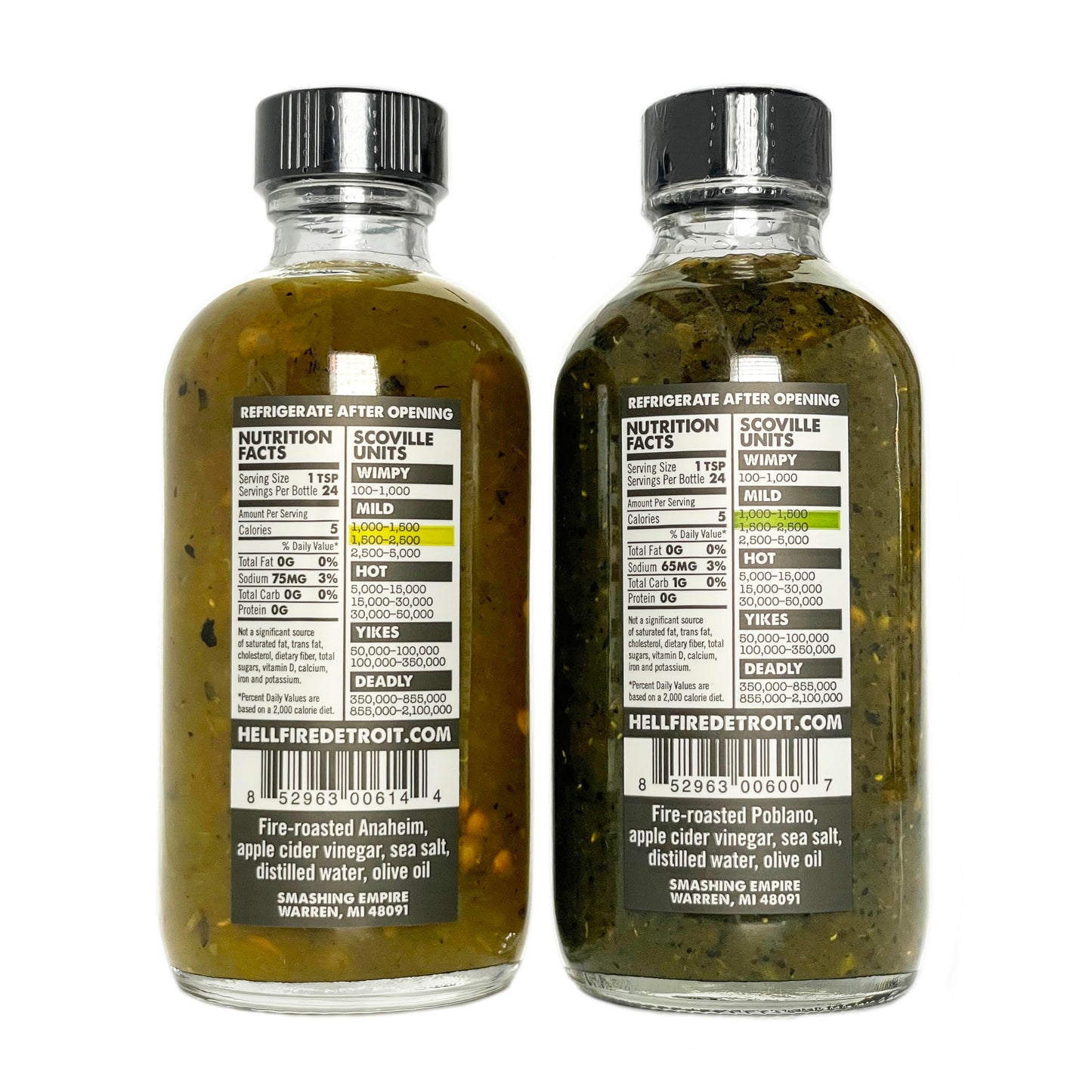 Hell Fire Detroit Anaheim & Poblano Combo (Mild) Hot Sauce, Crafted with Fresh, Fire-Roasted Chile Peppers, All-Natural, Vegan, Gluten-Free, Low