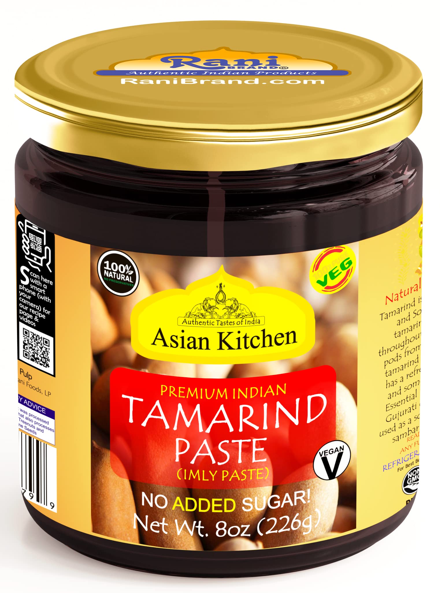 Asian Kitchen Tamarind Paste Puree (Imli) 8oz (227g) Glass Jar, Gluten Free, No Added Sugar ~ All Natural | Vegan | Non-GMO | No Colors | Indian