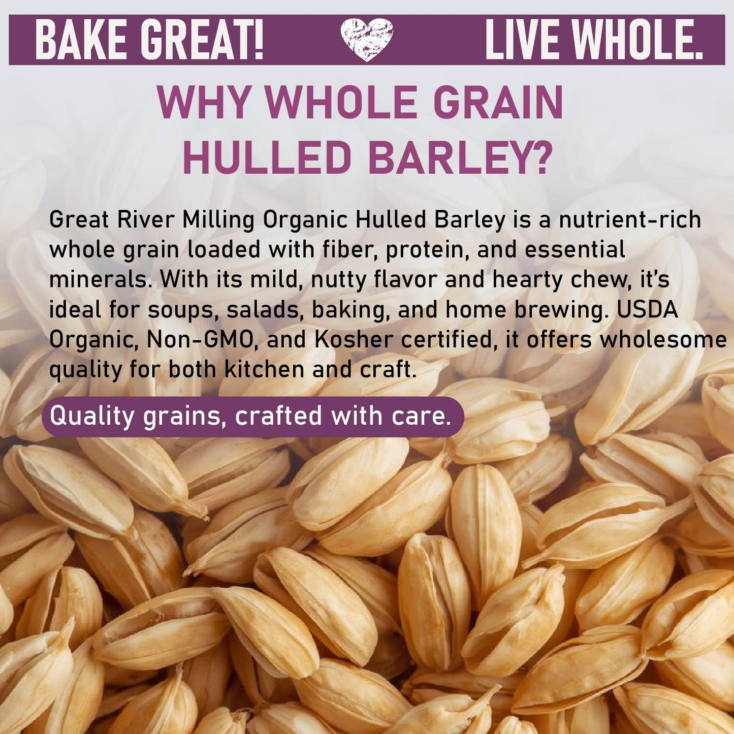 Great River Milling Organic Hulled Barley Grain | Whole Grain Barley for Home Milling, Cooking, and Baking | High Fiber, Non GMO, Kosher | 5 Lb