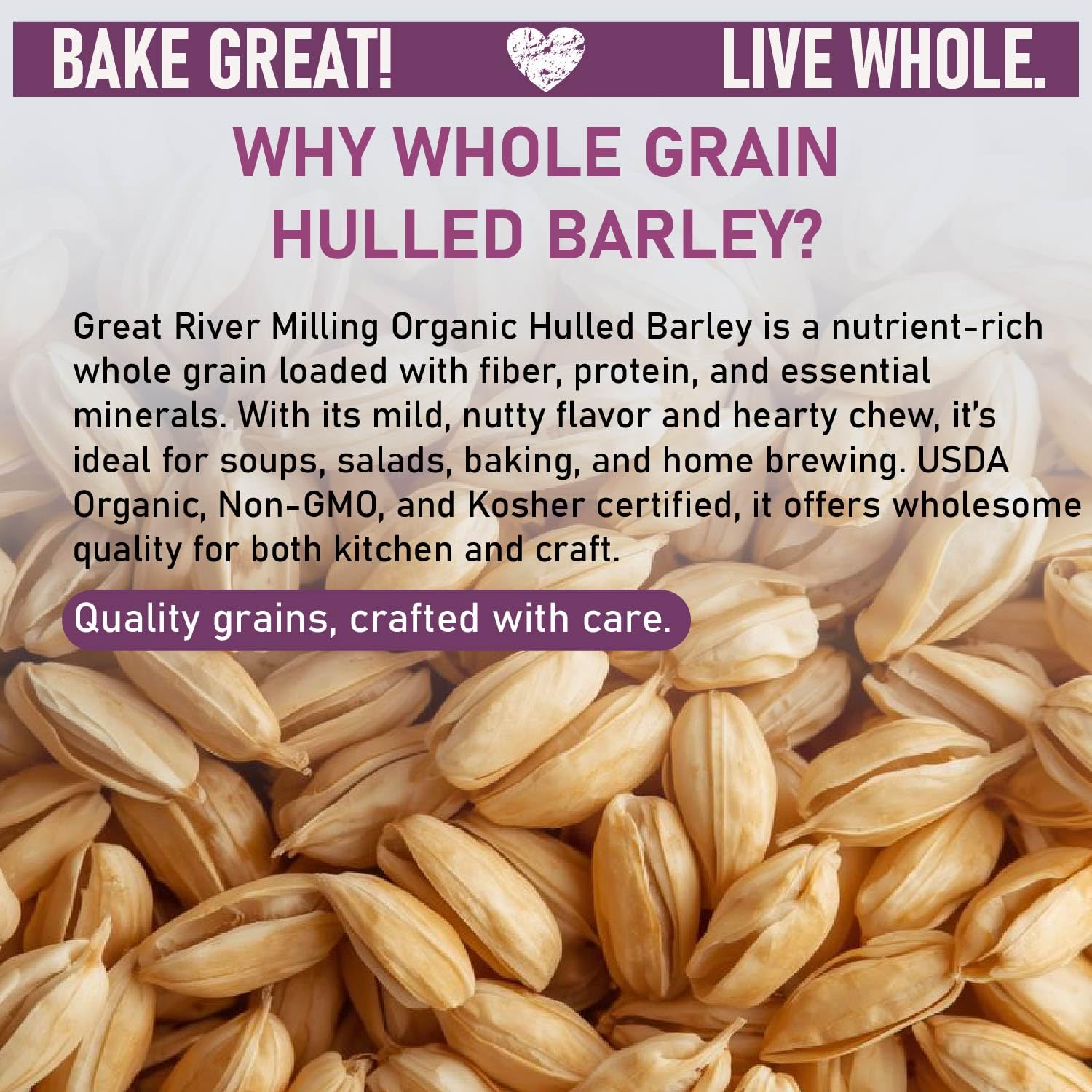 Great River Milling Organic Hulled Barley Grain | Whole Grain Barley for Home Milling, Cooking, and Baking | High Fiber, Non GMO, Kosher | 5 Lb