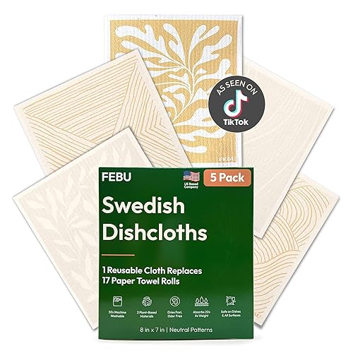 FEBU Swedish Dishcloths for Kitchen | 5 Pack Neutral Reusable Paper Towels Washable | Swedish Dish Towels | Non-Scratch Cellulose Sponge Cloths | No