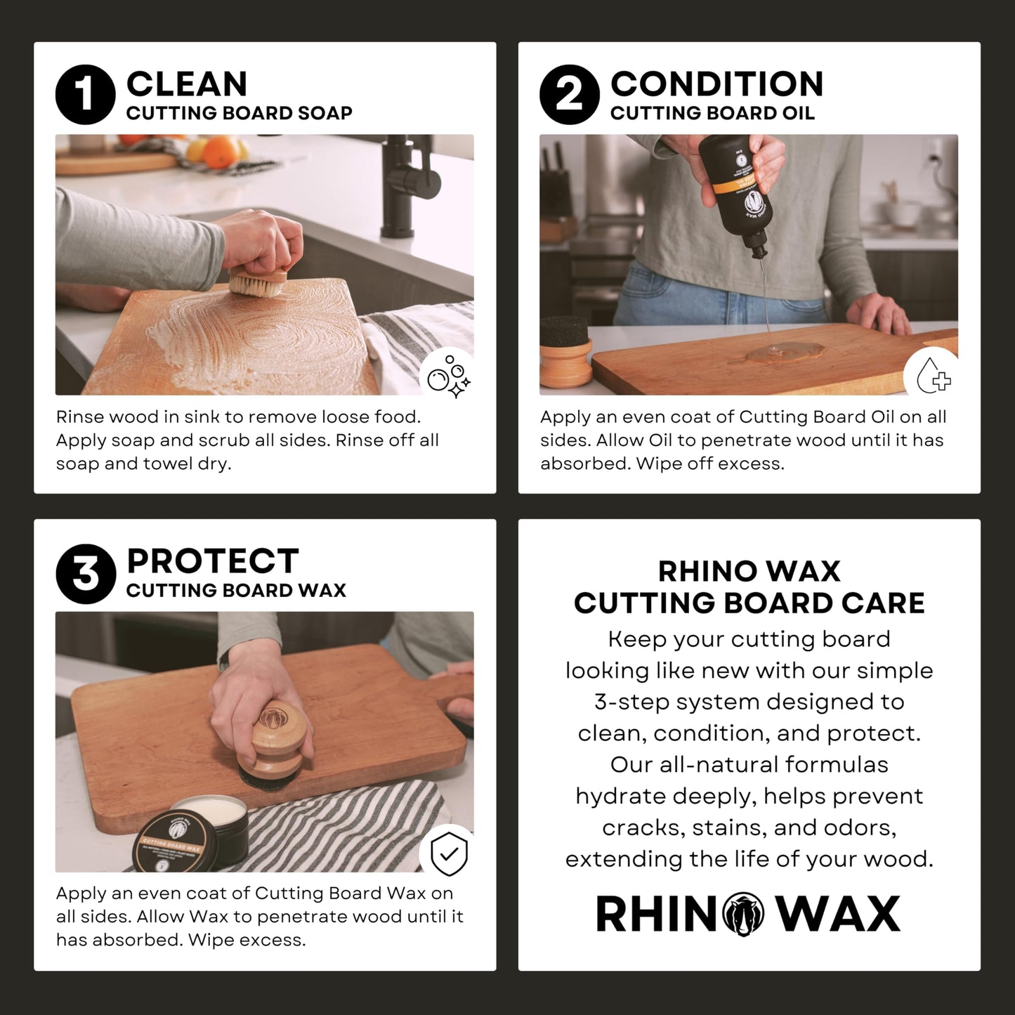 Rhino Wax Cutting Board Cleaning Kit - Includes Cutting Board Foaming Soap, Scrub Brush, Microfiber Cloth - Castile-Based Natural Cleaner - Easy Foam