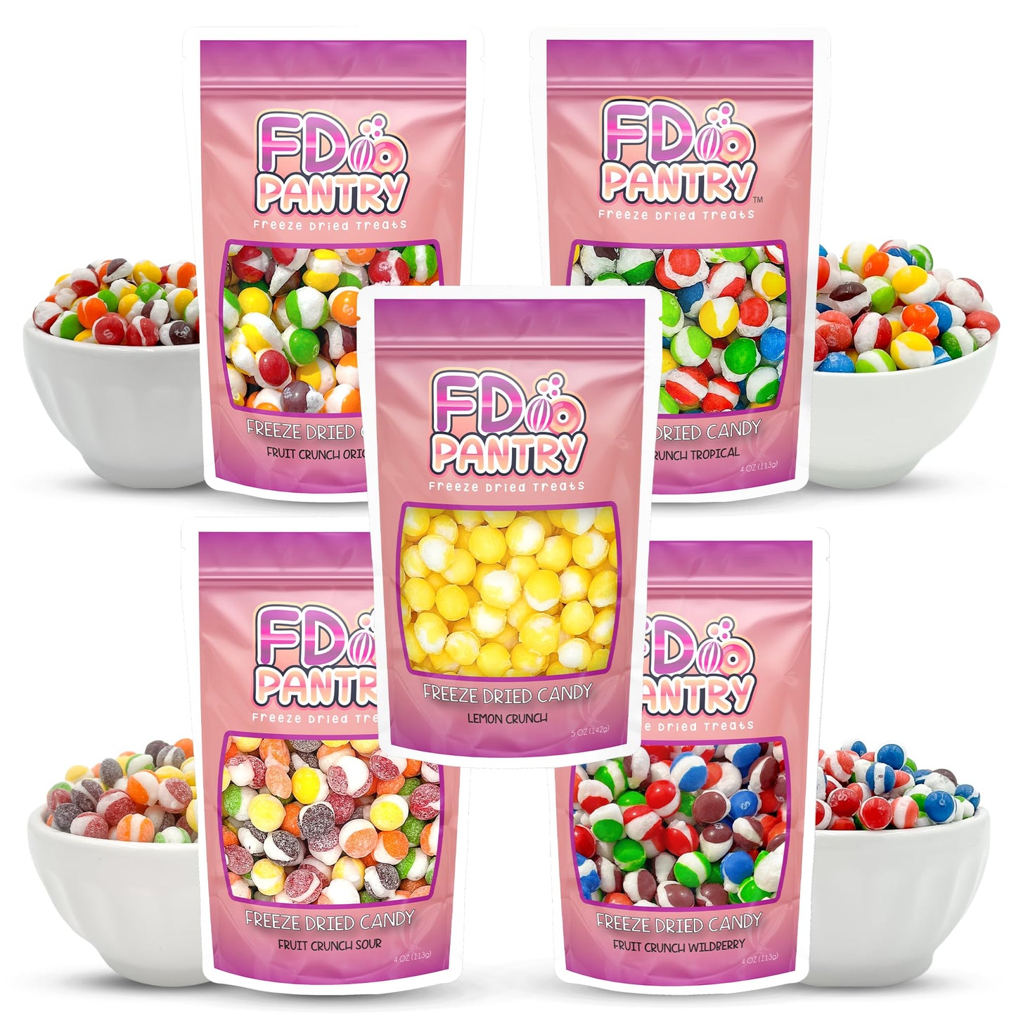 Freeze Dried Candy Variety Pack, Fruit Crunch, 4 oz (5 Pack), Original, Wildberry, Sour, Tropical, Lemon, Assorted Combo, Gift Bag