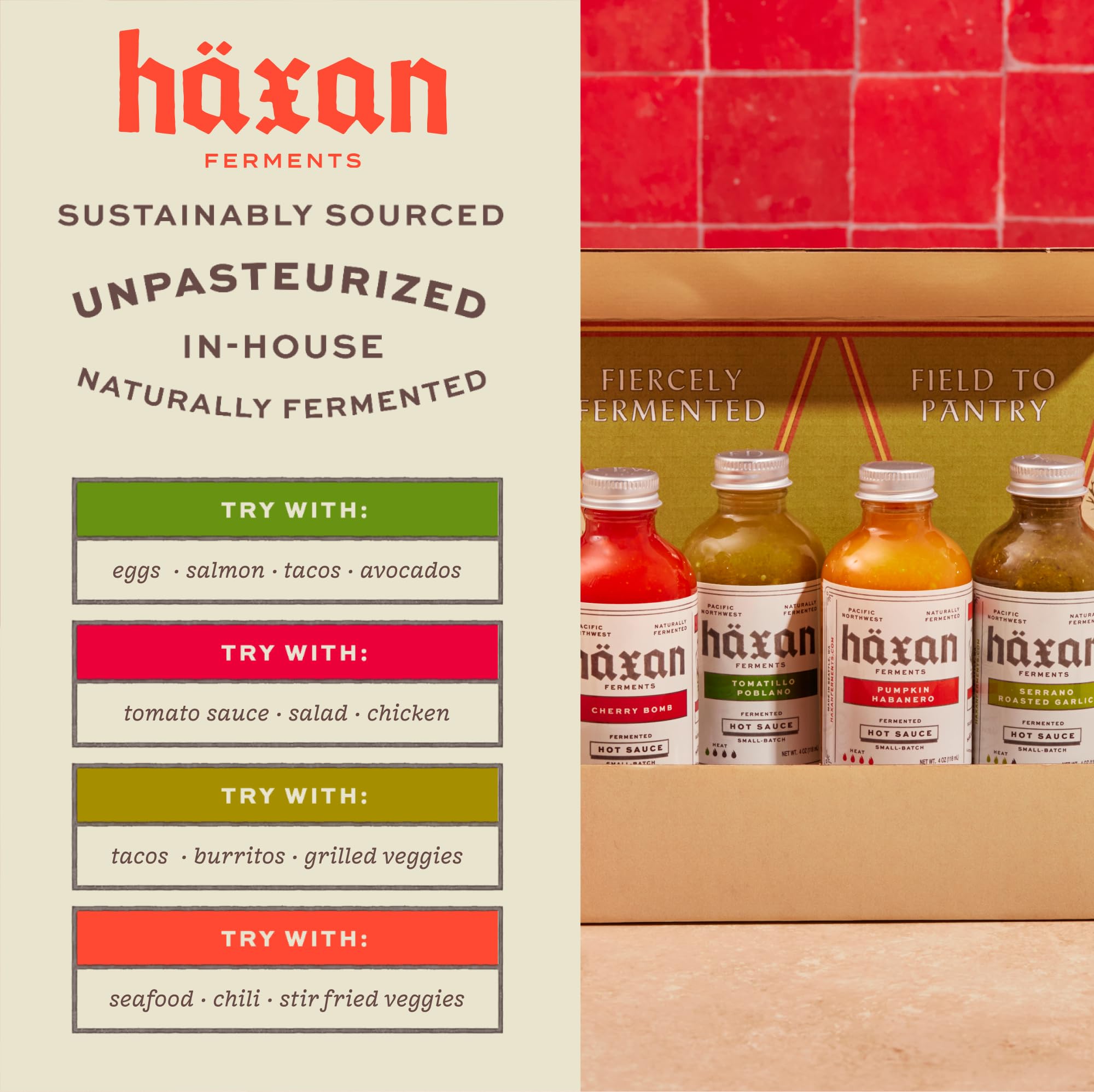 Haxan Ferments Hot Sauce Variety Pack - 4 Pack Gift Set (4 oz Each) - Tomatillo Poblano, Cherry Bomb, Serrano Roasted Garlic & Pumpkin Habanero