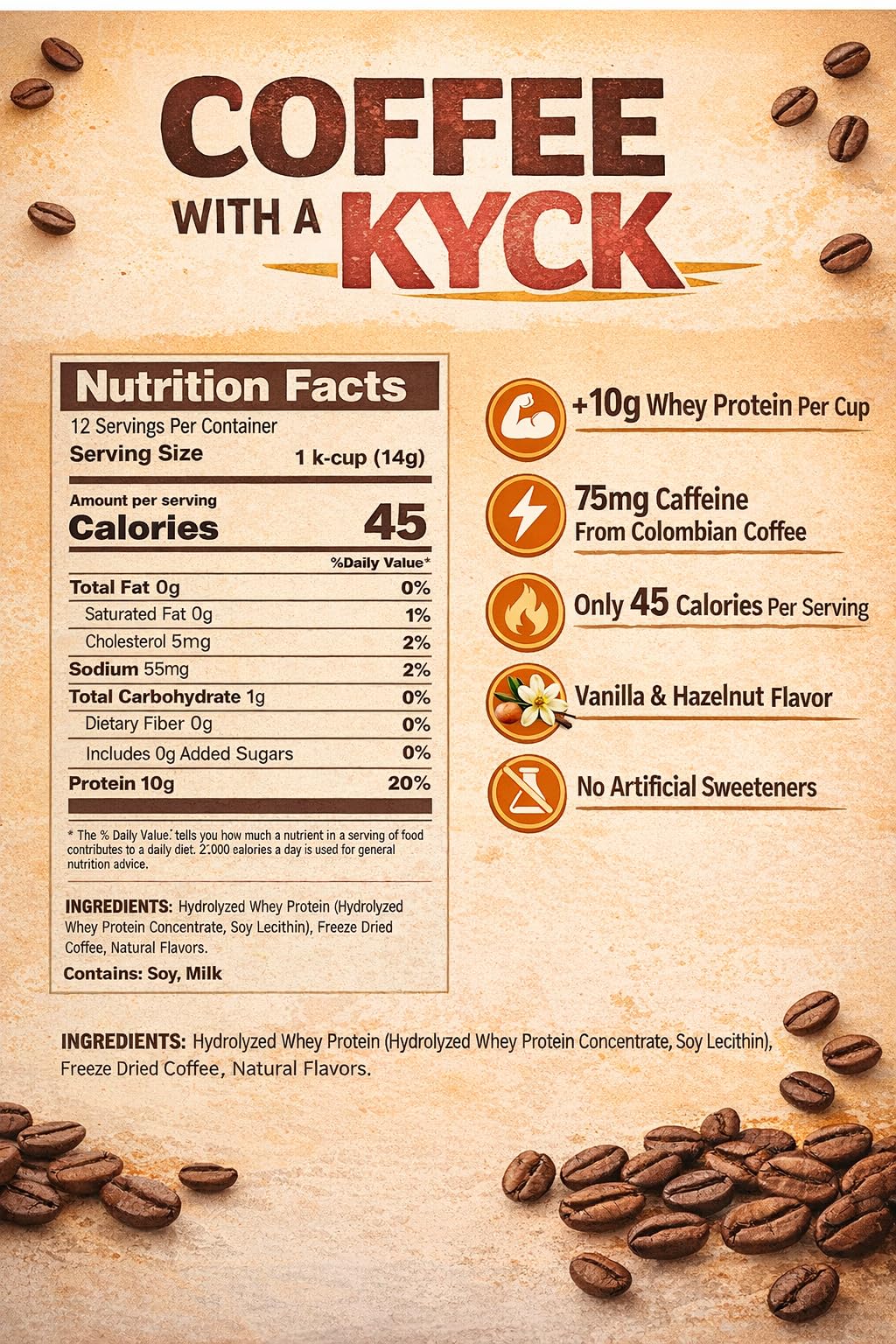 Kyck Protein Coffee K - Cup Pods (12 Count) - 10g Whey Protein per cup Premium High- Protein High Caffeine Colombian Coffee Pods, Vanilla Hazelnut