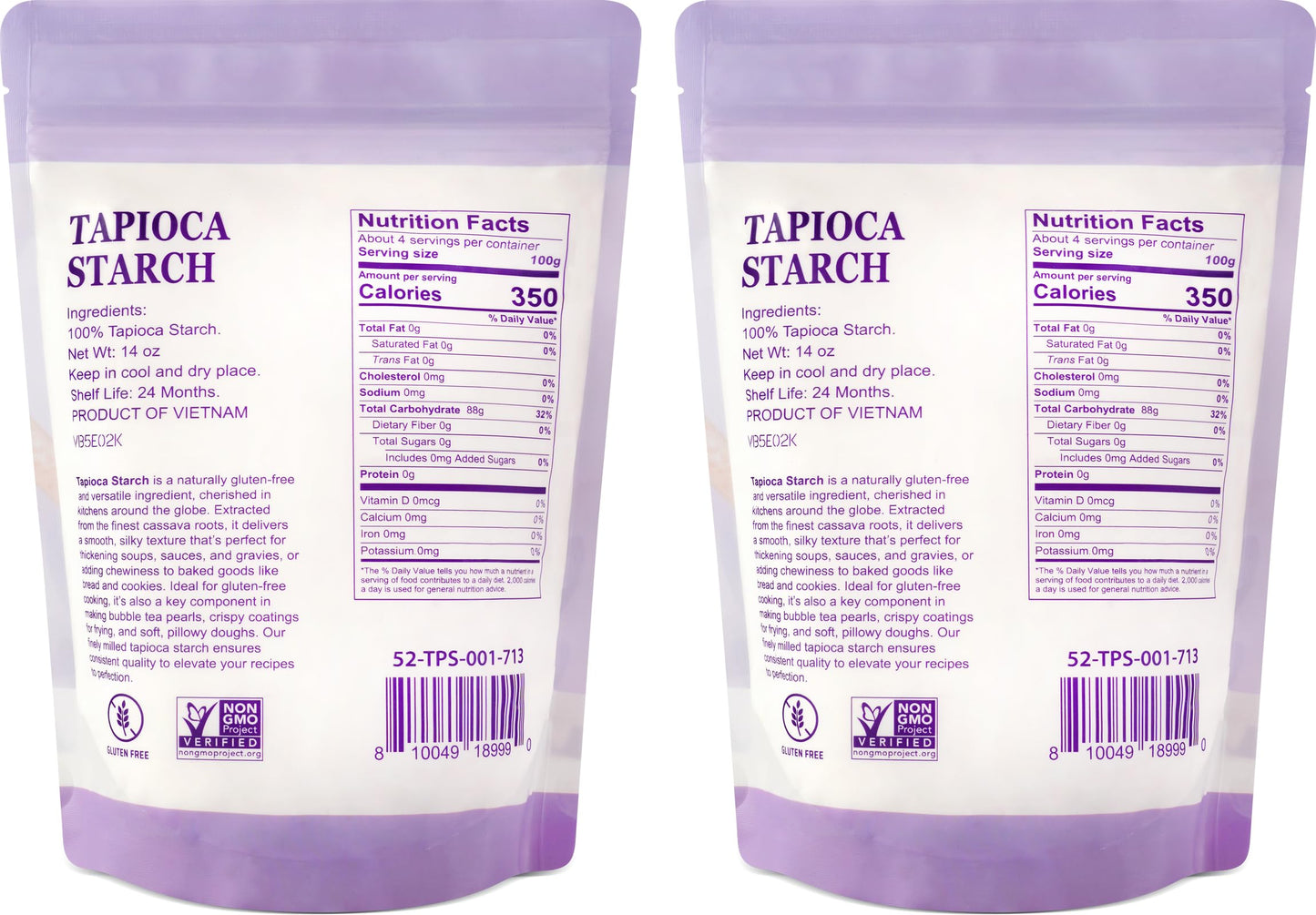 52USA Tapioca Starch, 28oz (Pack of 2), Tapioca Flour (794g), Gluten Free, Kosher, Vegan, No Preservatives, All Natural, Thickener for Soups, Gravies