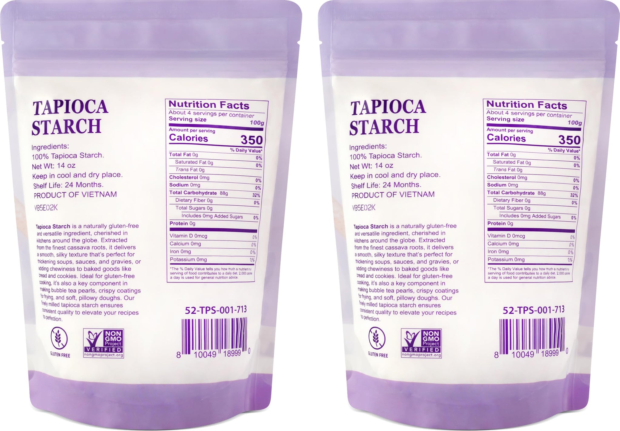 52USA Tapioca Starch, 28oz (Pack of 2), Tapioca Flour (794g), Gluten Free, Kosher, Vegan, No Preservatives, All Natural, Thickener for Soups, Gravies