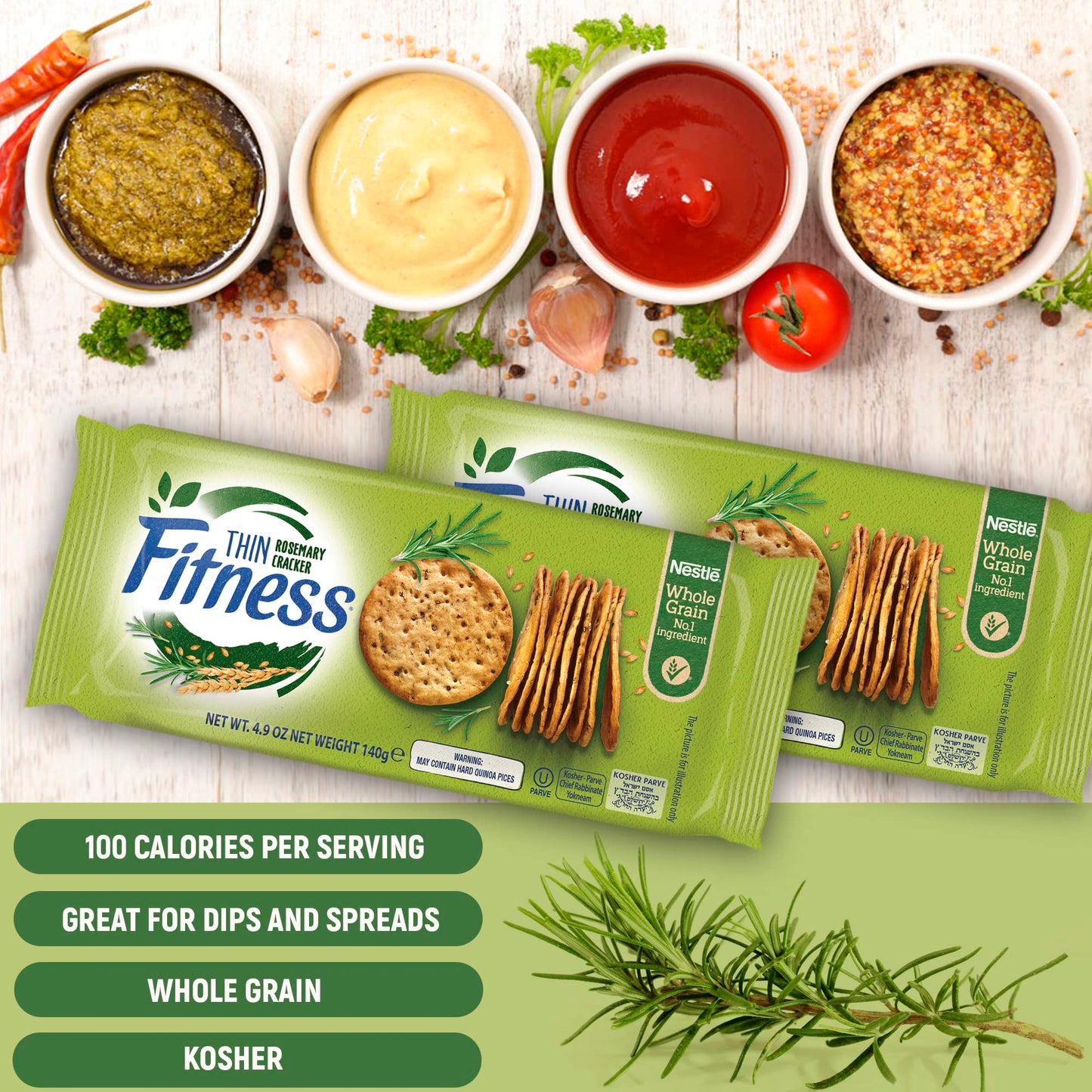 Nestle Fitness Thins Rosemary Crackers (2-Pack) 100 Calorie Per Serving, Whole Grain, Kosher Certified - Perfect for Dips and Spreads