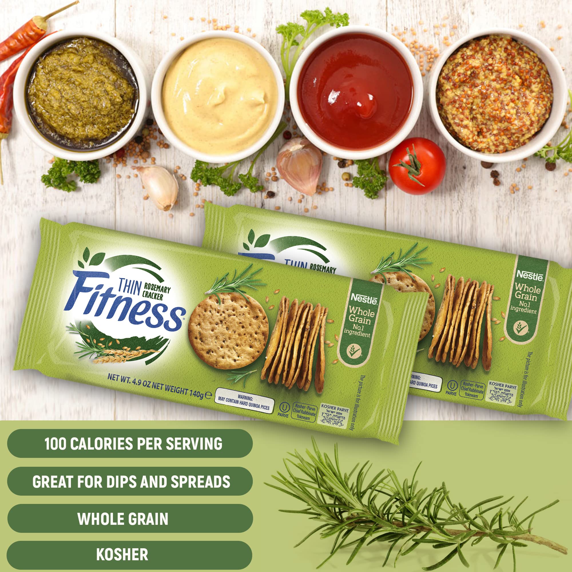 Nestle Fitness Thins Rosemary Crackers (2-Pack) 100 Calorie Per Serving, Whole Grain, Kosher Certified - Perfect for Dips and Spreads