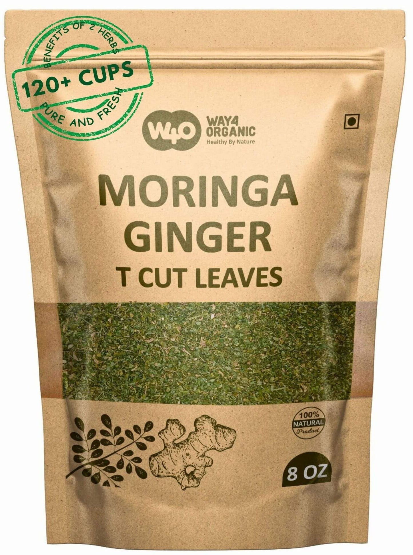 Moringa Leaves Tea with Ginger 8 oz, 120 Servings Per Package, One Leaf Tea with Two Herbs Benefits (Pack of 1), Shadow dried leaves for Maximum