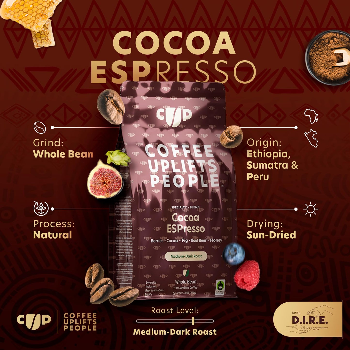 Coffee Uplifts People Cocoa Espresso Whole Bean Coffee, 12 OZ
