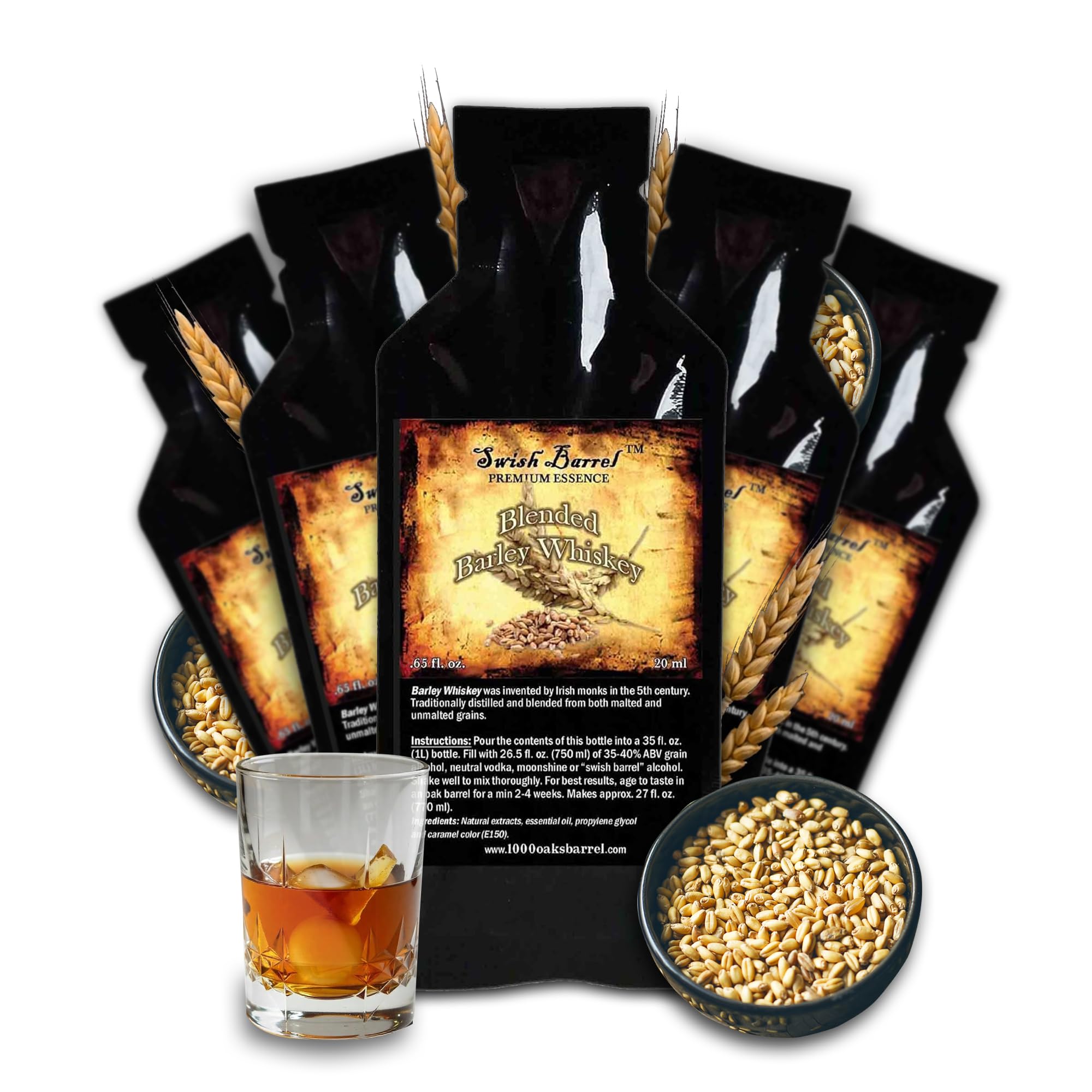 Blended Irish Barley Whiskey Flavoring Essence (5 Pack) Liquor Flavor Refill Packets for Bootleg Kits & Barrel Aging, Swish Barrel Extract