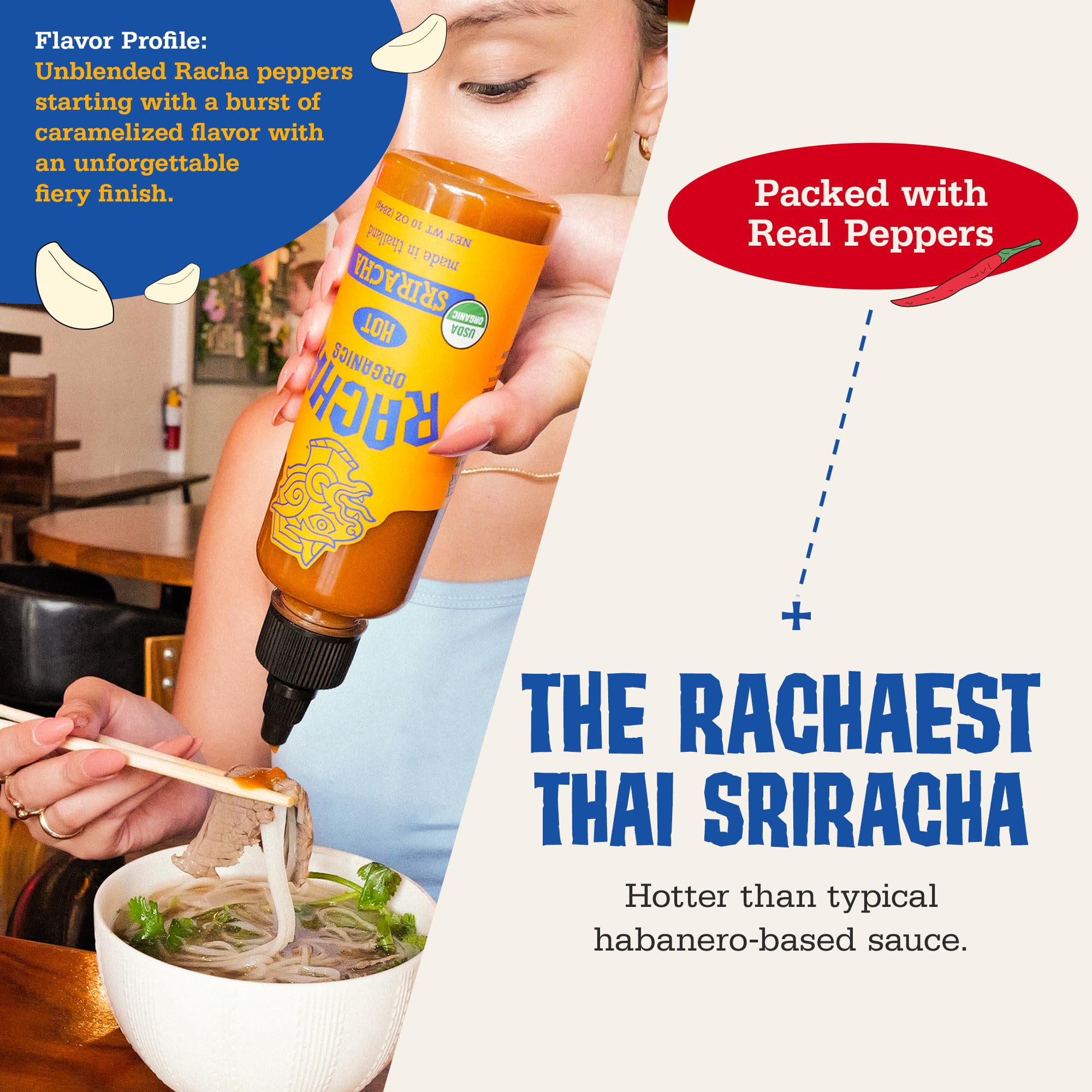 Racha Organics Sriracha Hot Sauce - USDA Organic Sriracha Sauce Made with Estate-Grown Thai Chili Peppers - Low-Sugar, Non-GMO, Gluten Free, Keto