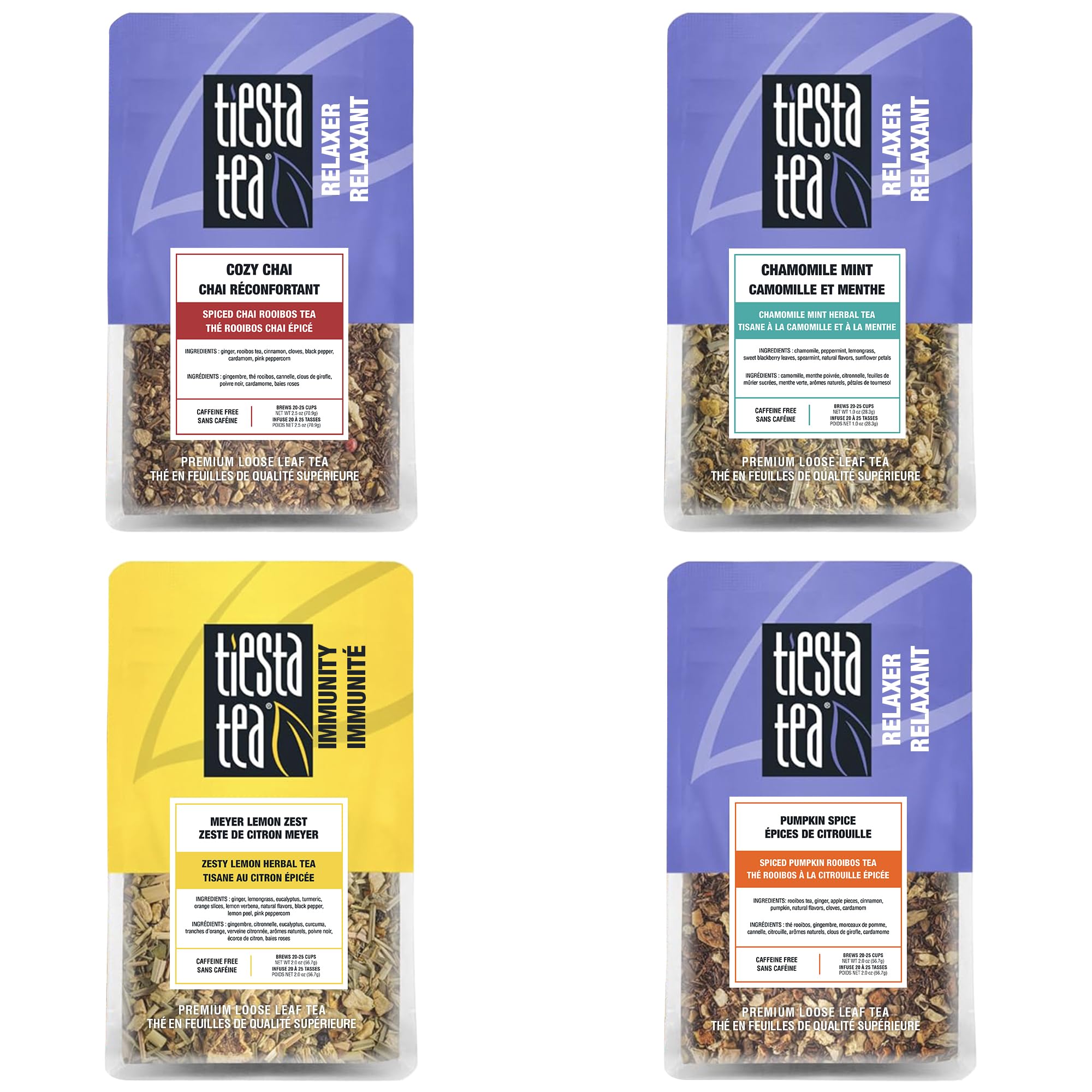 Tiesta Tea - 4 Autumnal Tea Blends, Loose Leaf, Premium Blend, Non-Caffeinated, Make Hot or Iced, Pouch of Pumpkin Spice, Cozy Chai, Chamomile Mint