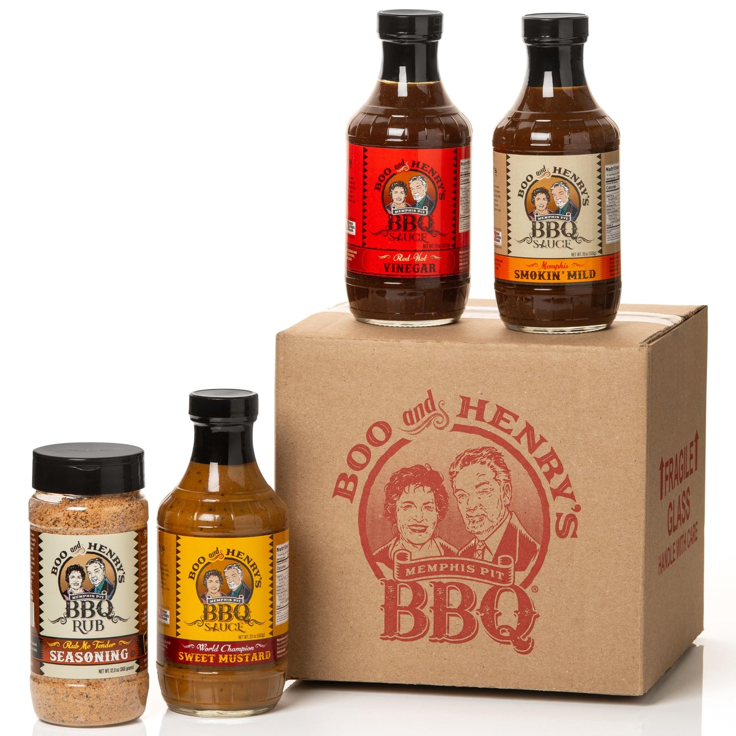 Boo and Henry's BBQ NOT SO HOT Variety 4-Pack for Barbecue, Rub Me Tender Seasoning Plus Smokin' Mild, Red Hot Vinegar, and World Champion Sweet