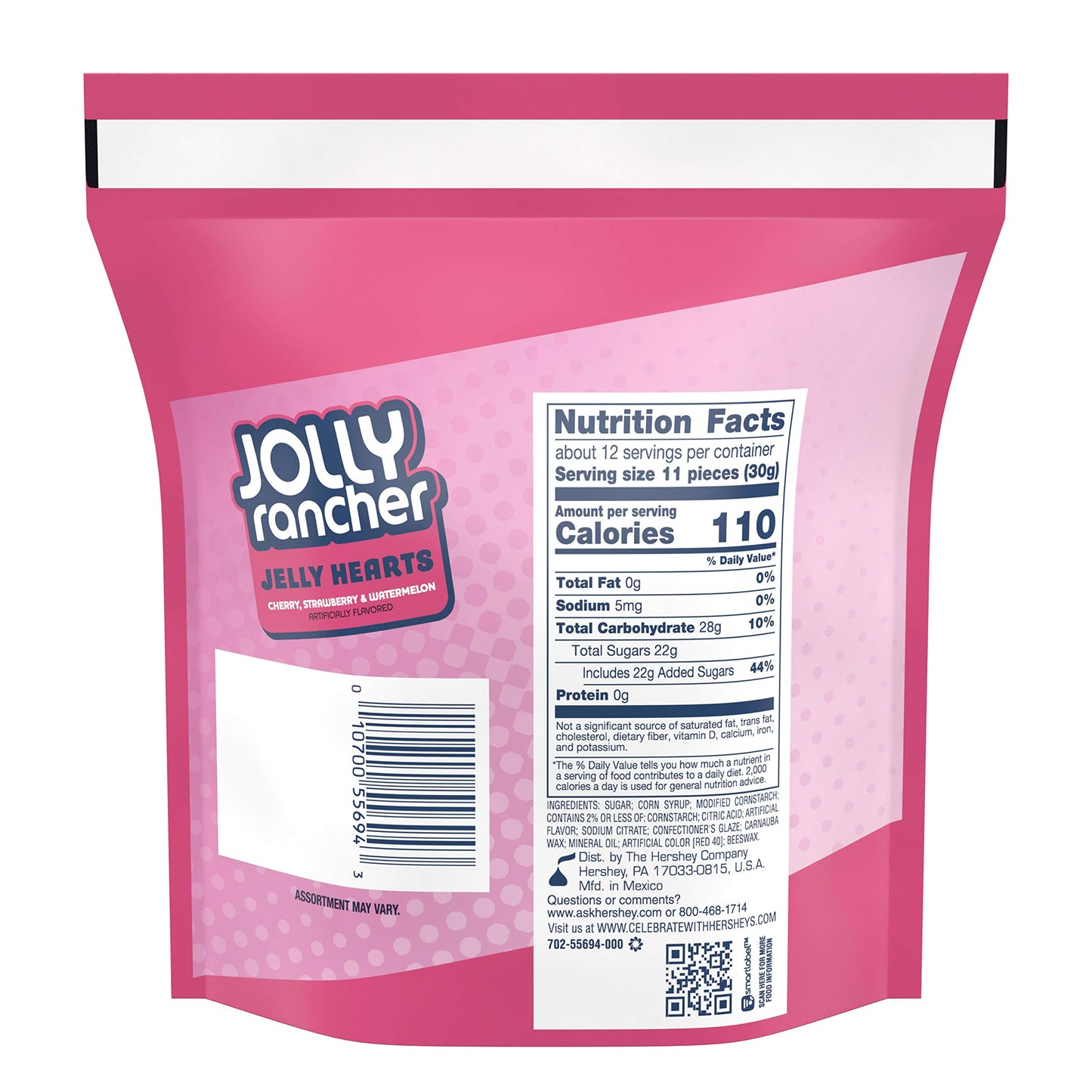 Jolly Rancher (1) Bag Jelly Hearts Valentine's Day Candy - Cherry, Strawberry & Watermelon Flavored - Resealable 13 oz Bag