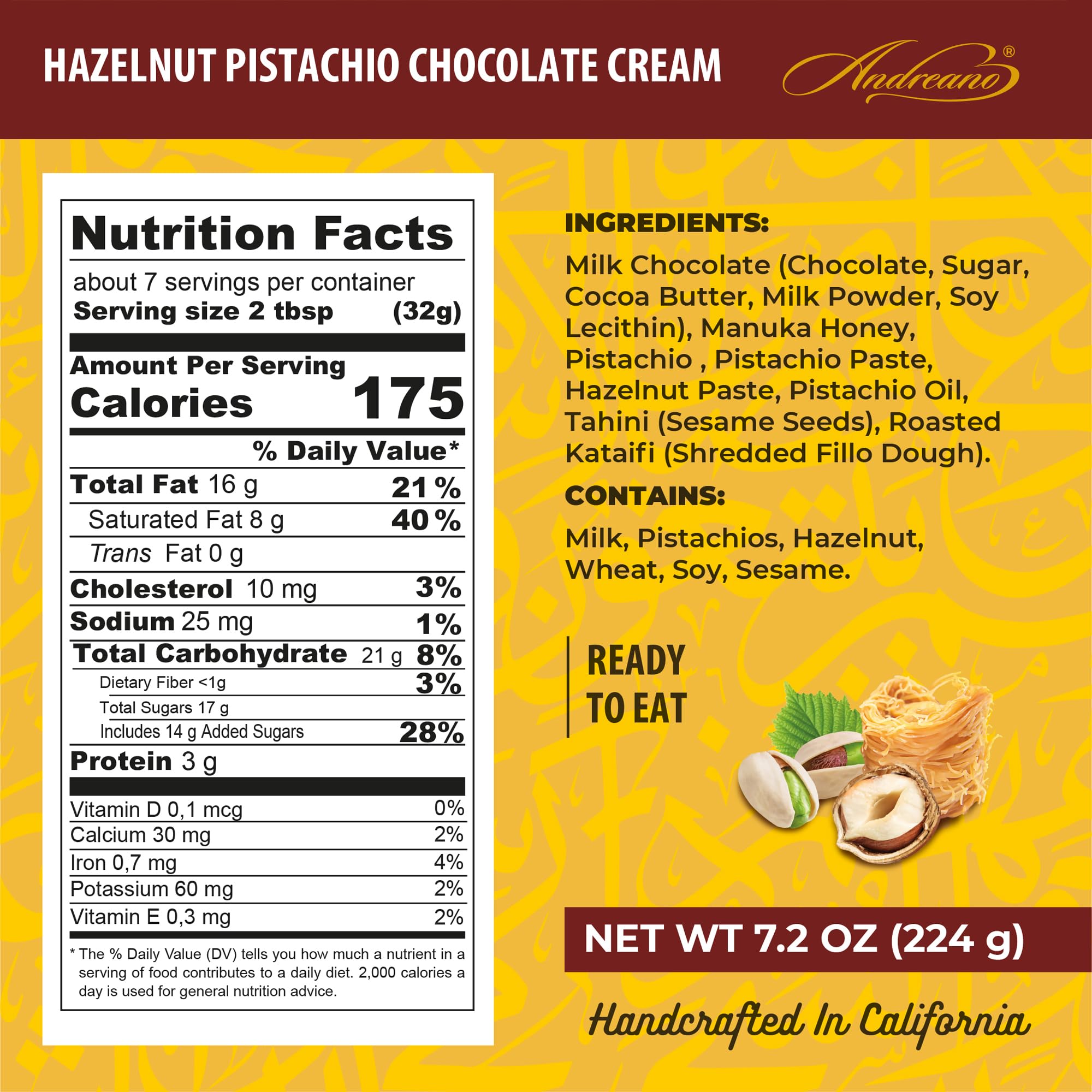 ANDREANO Dubai Gold Chocolate Hazelnut Pistachio Cream with Manuka Honey - Crispy Kataifi Spread - Gourmet Dessert Filling & Chocolate Treat - 7.2 oz