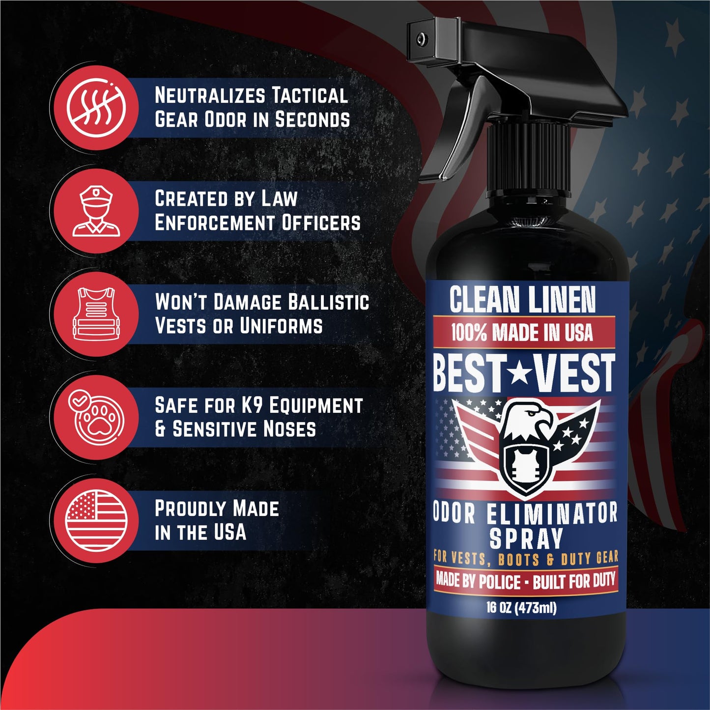 Best Vest Bulletproof Vest Odor Eliminator Spray for Body Armor, Police Gear & Tactical Gear, Clean Linen, 16oz (2 Pack)