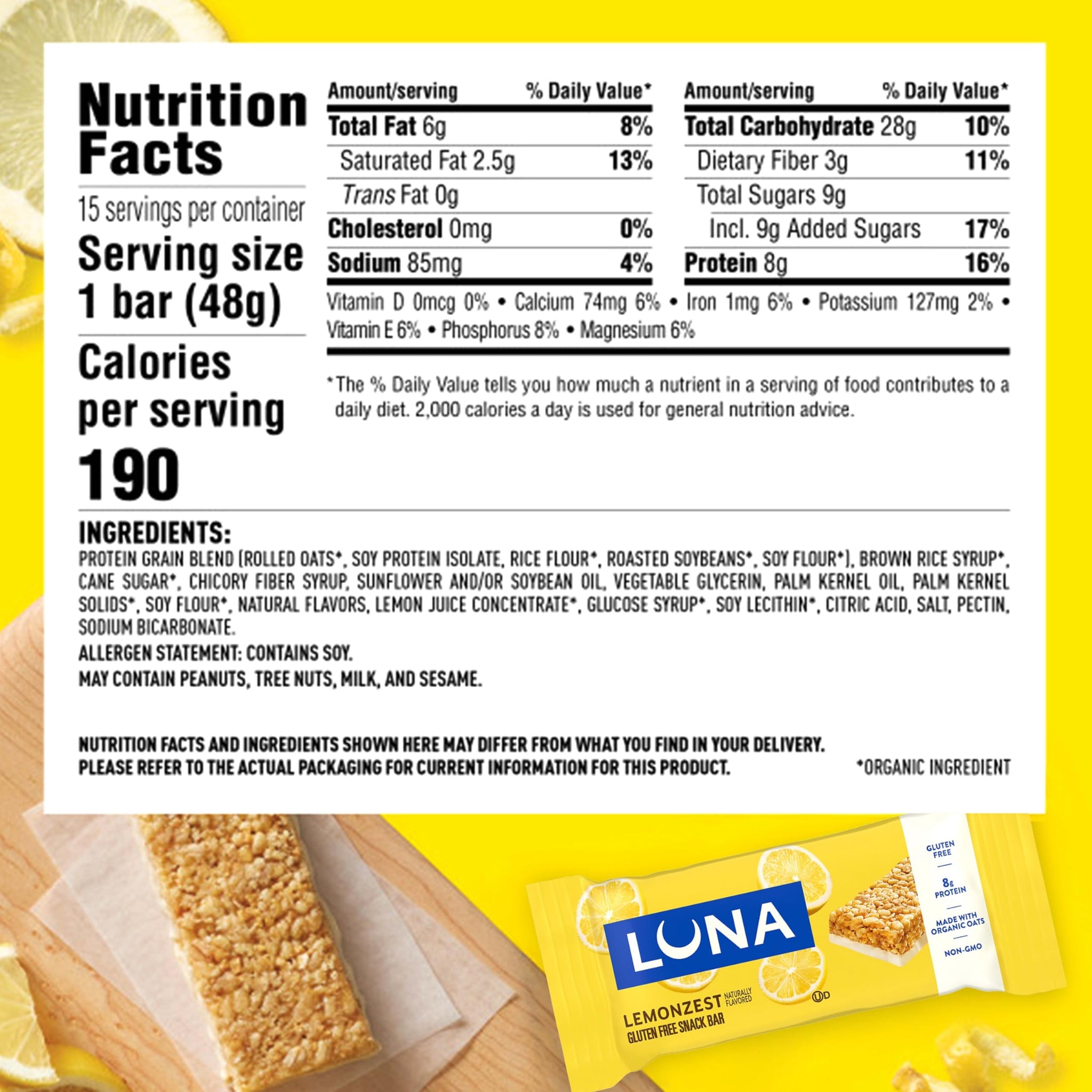 LUNA Bar - LemonZest Flavor - Snack Bars - Non-GMO - Gluten-Free Protein Bars - Made with Organic Oats (1 Count)