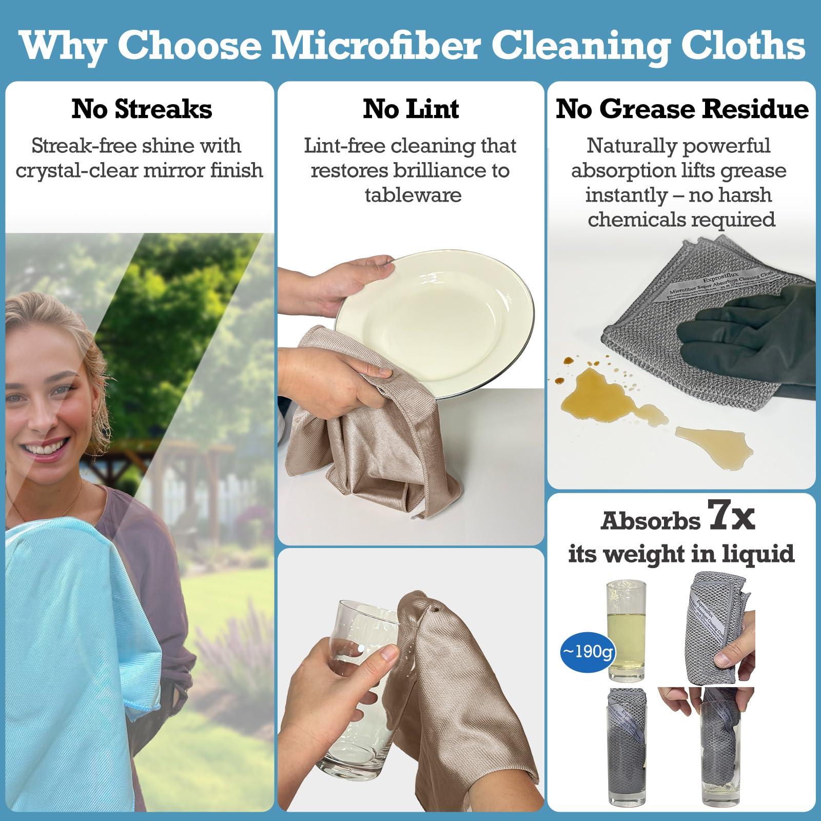 Exprosiflux Lint-Free Streak-Free Glass Cleaning Cloth 3-Pack - Microfiber Towels Polish & Scrub with Only Water for Windows, Cars, Mirrors - Blue
