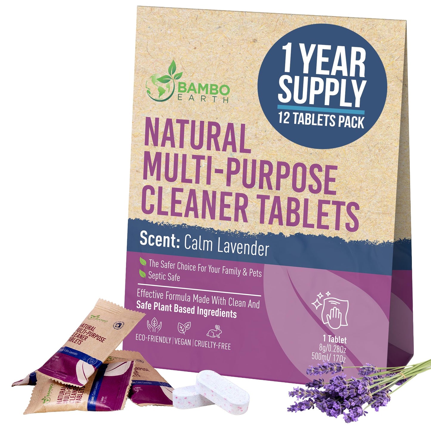 BAMBOEARTH 12 Pack Natural Multi-Purpose Cleaner - All Surface Multipurpose Cleaning Tablets Refill - Eco-Friendly Product & Cleaning Supplies - 1