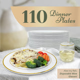 Reli. 110 Pcs Plastic Dinner Plates, Disposable (10.25 inch, White w/Gold Rim) Heavy Duty Plates for Party, Elegant Dinner, Wedding, Birthday | White