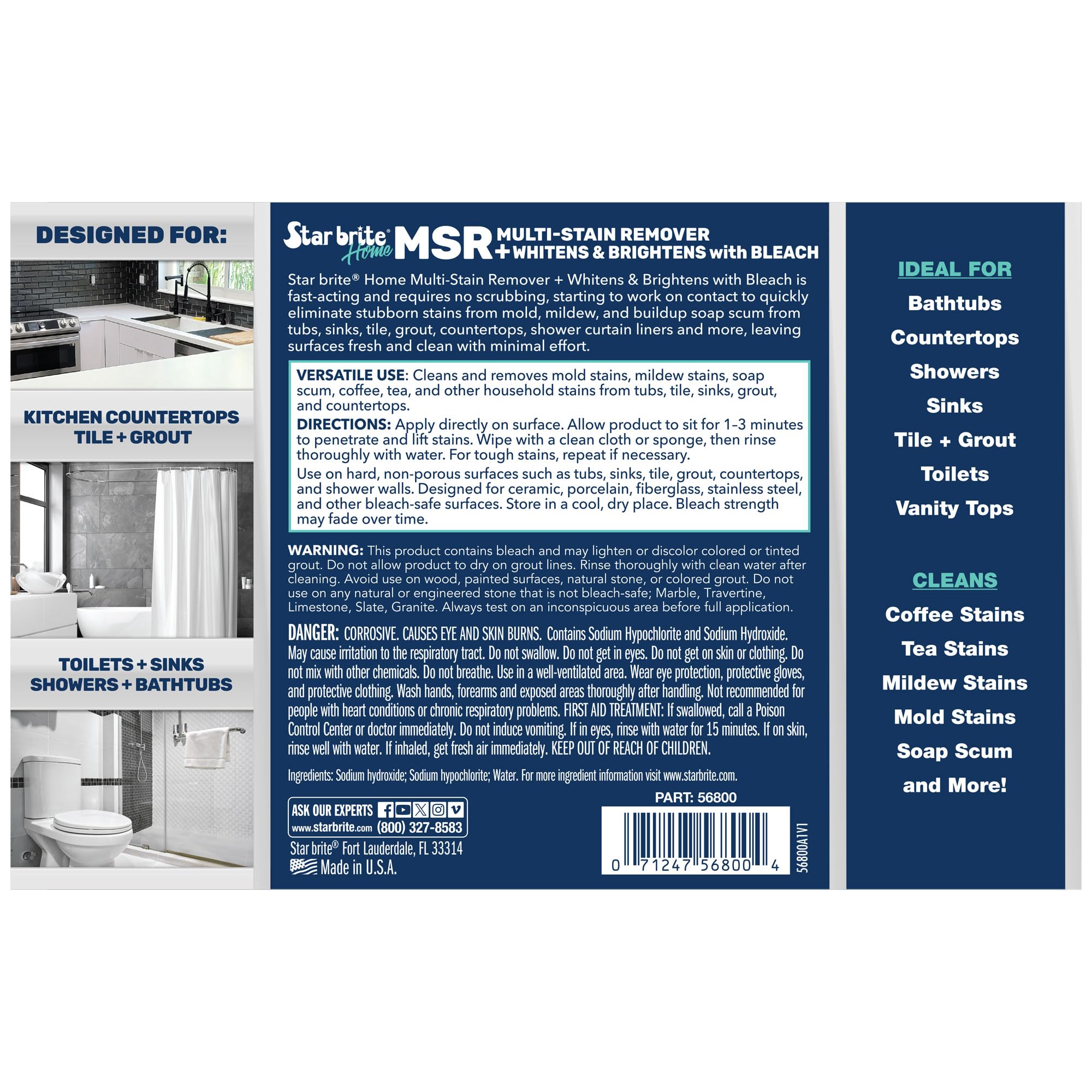 STAR BRITE Home MSR Multi-Stain Remover with Bleach - Fast-Acting Cleaner for Kitchen & Bath - Whitens, Brightens and Removes Mildew Stains and Scum