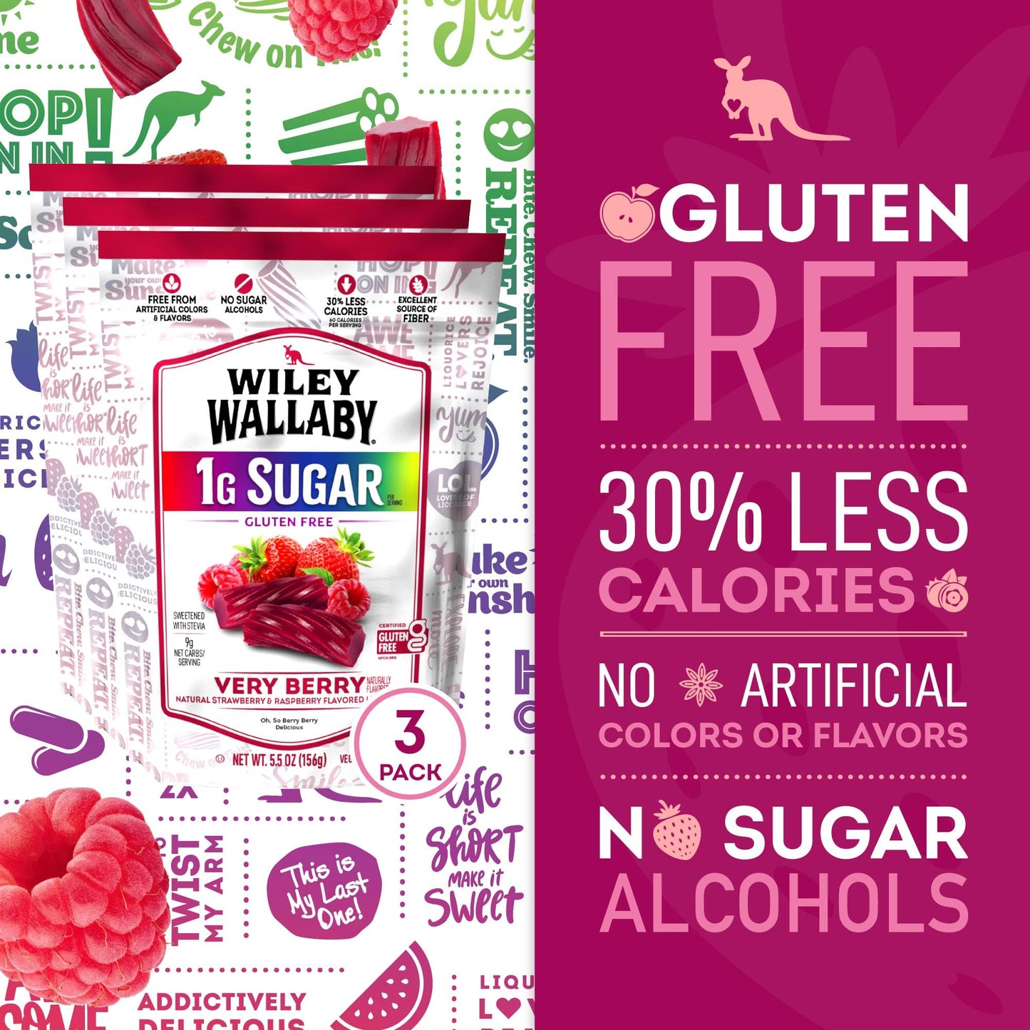 Wiley Wallaby 5.5 Ounce Very Berry Low Sugar Gluten Free Gourmet Australian Style Soft & Chewy Licorice Candy Twists (5.5 Ounce (Pack of 3))