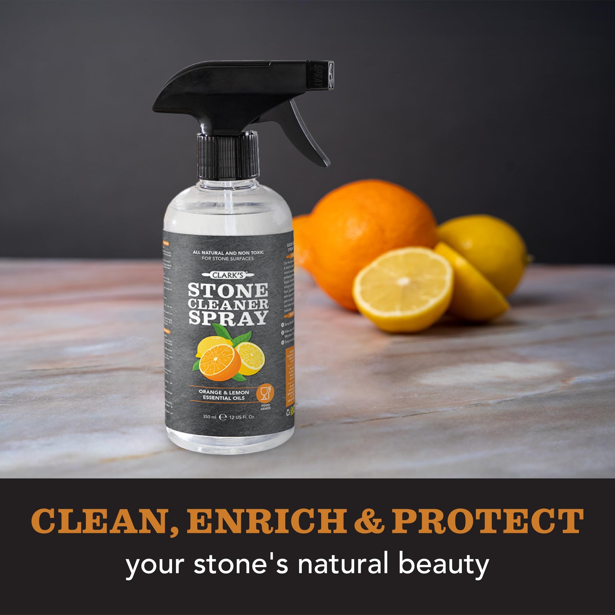 CLARK'S Stone & Quartz Cleaner Countertop with Microfiber Cloth, Citrus Scent - Granite Countertop Cleaner and Polish for Marble Cleaning - Clean