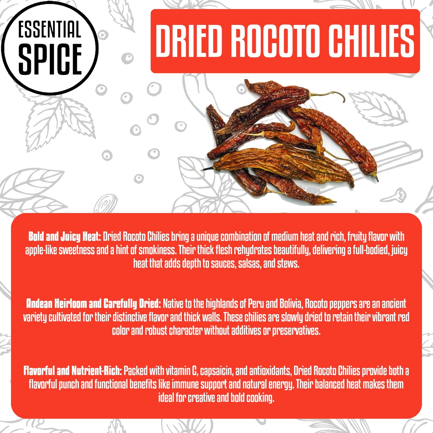 Essential Spice Dried Rocoto Chilies - Bold Heat with Fruity, Apple-Like Flavor - Whole Dried Peruvian Pods for Stews, Sauces, Salsas & Traditional