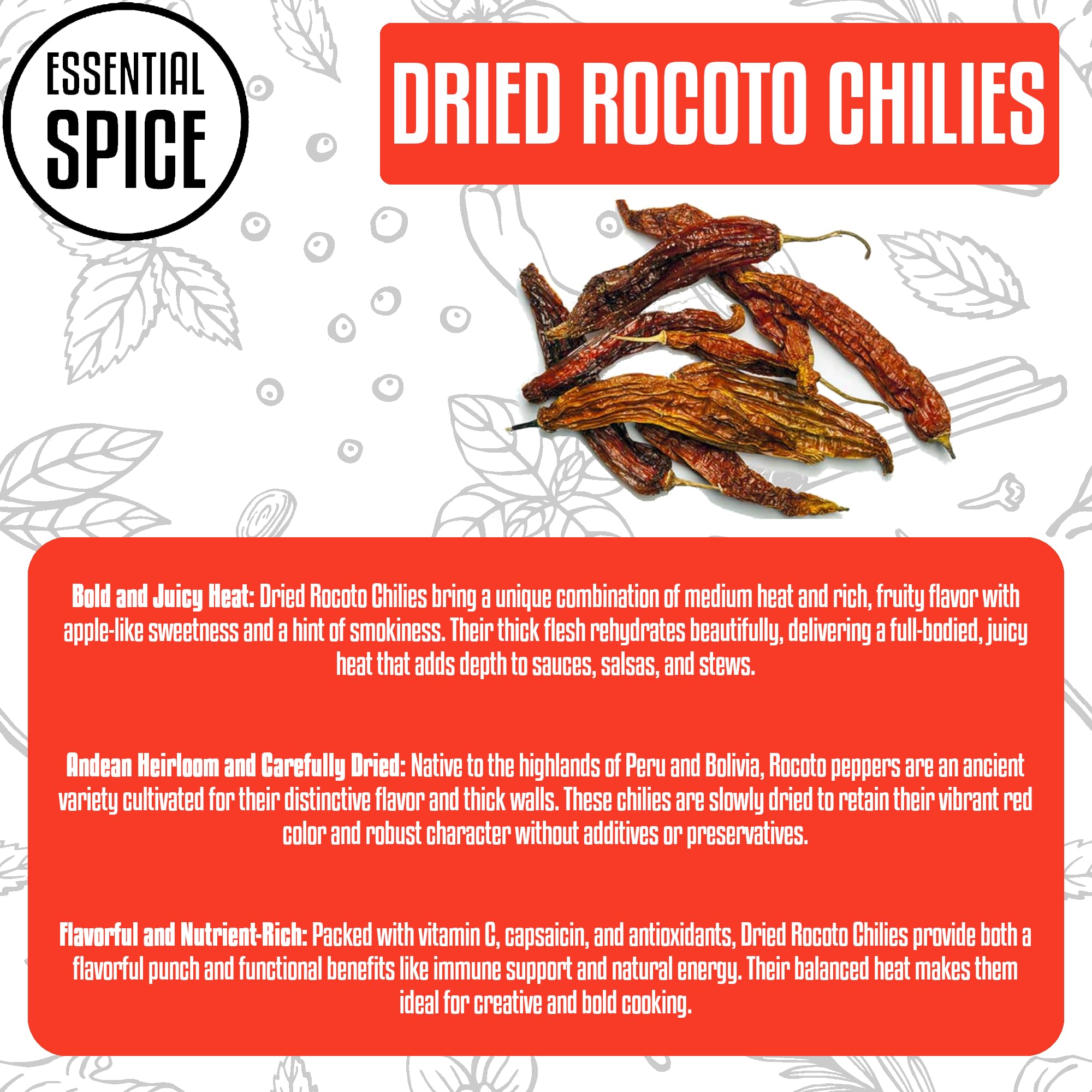 Essential Spice Dried Rocoto Chilies - Bold Heat with Fruity, Apple-Like Flavor - Whole Dried Peruvian Pods for Stews, Sauces, Salsas & Traditional
