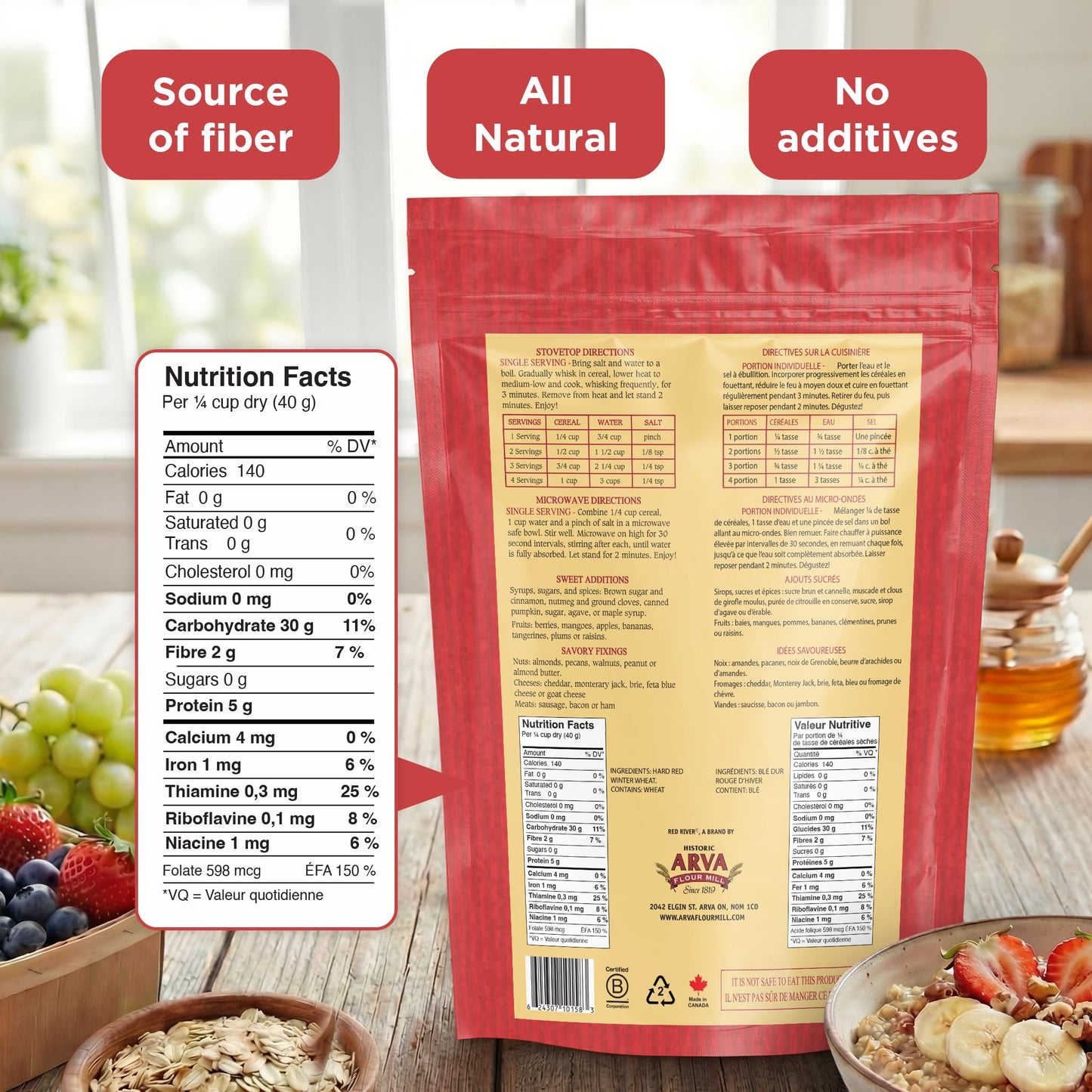 Red River Cereal - Cracked Wheat Hot Cereal (908g /5-Pack) Made in Canada at Arva Flour Mills - All Natural, No-Additives - High in Fiber