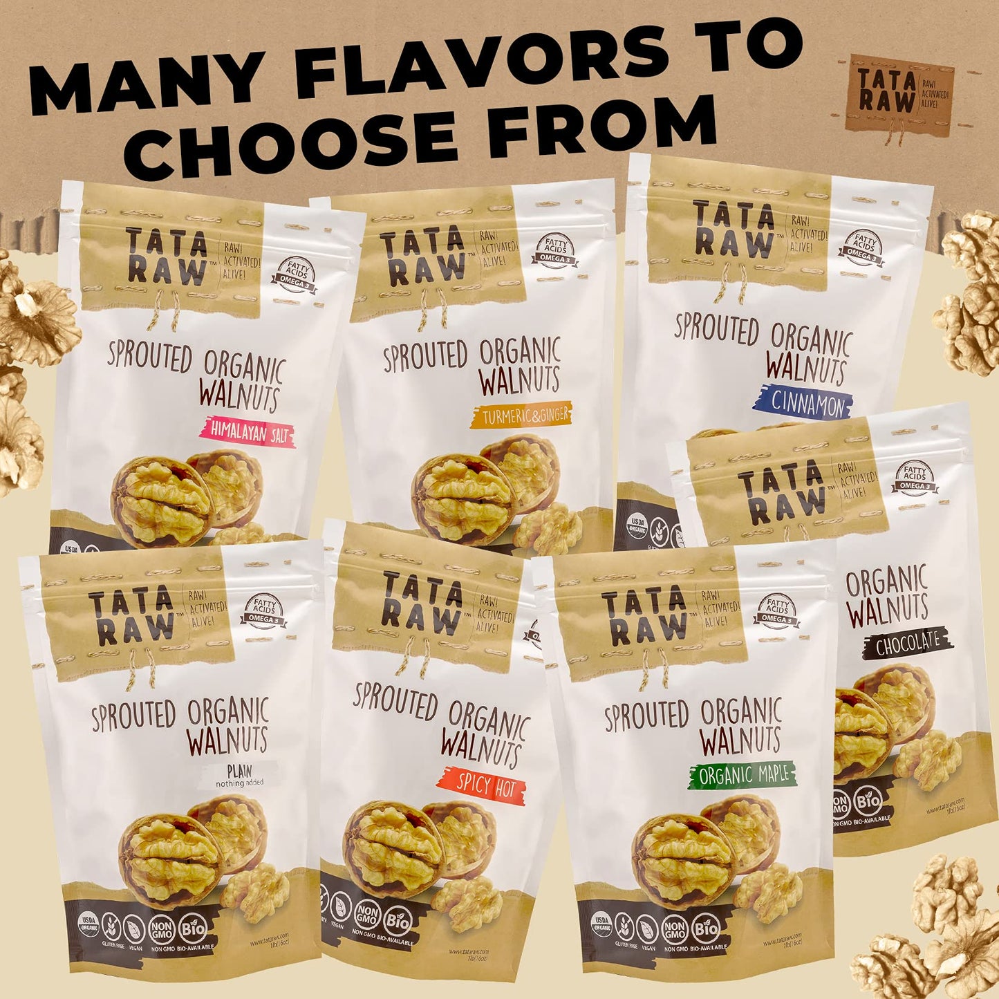TATA RAW - Organic Sprouted Maple Walnuts ASSORTED FLAVORS (Pack of 12)