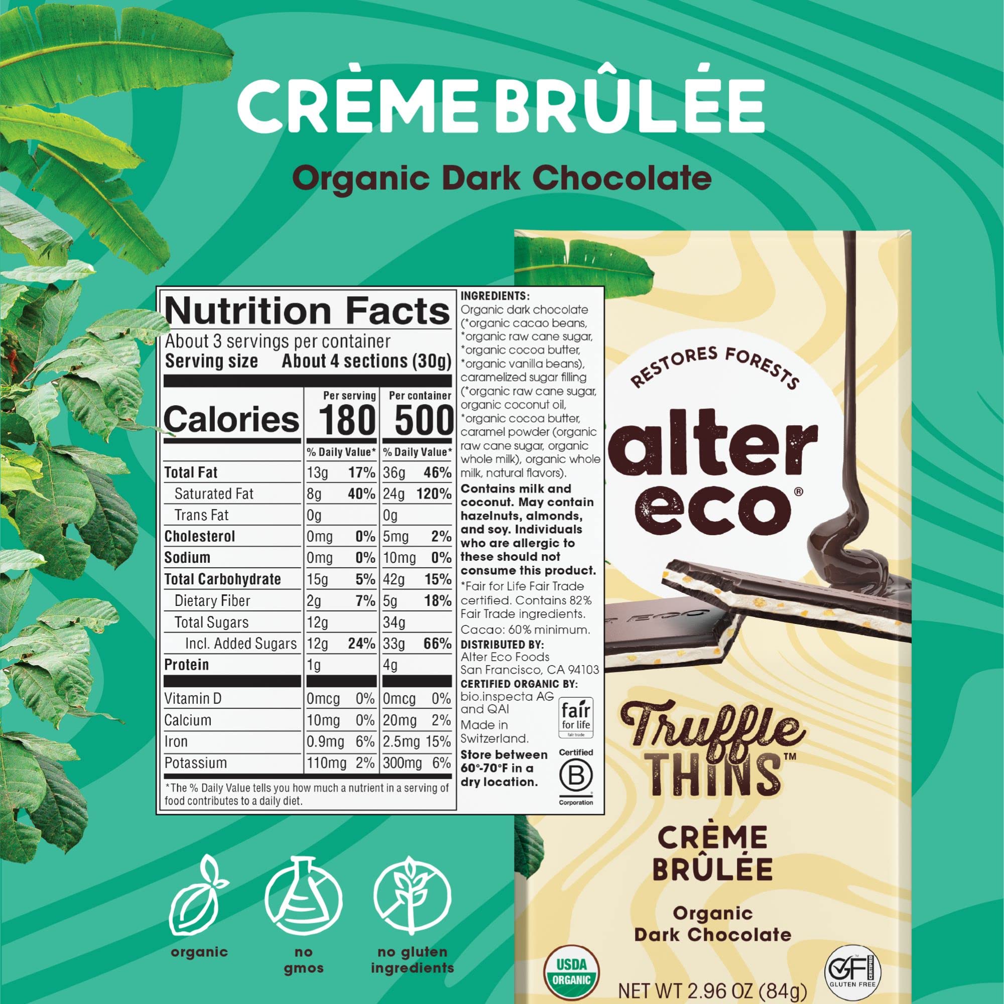 Alter Eco Creme Brulee Truffle Thins, Chocolate Bar with Gooey Ganache Truffle Filling, Organic, Gluten & Soy-Free, Non-GMO Snacks, No Additives